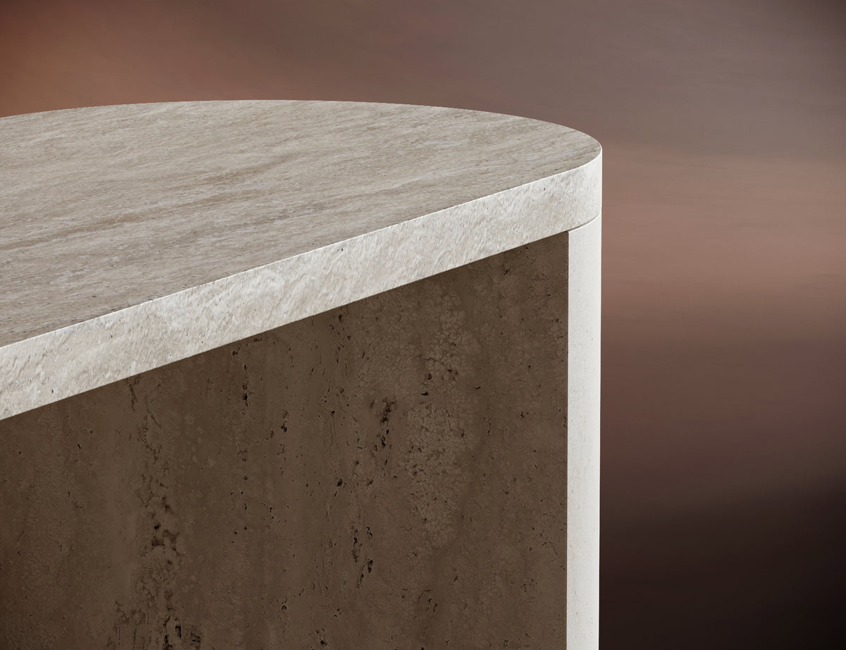Handcrafted travertine console table with a softer aesthetic, perfect for modern and natural stone furniture lovers.