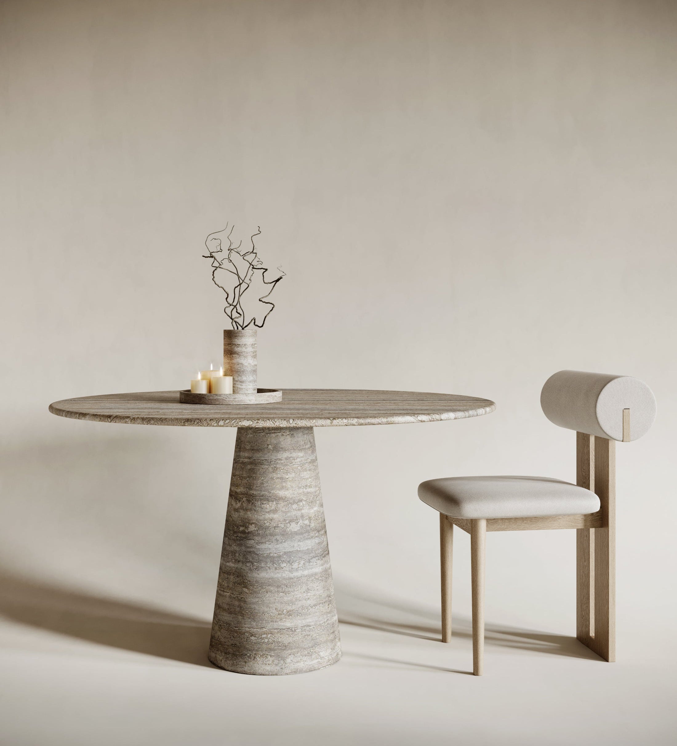 Round silver travertine dining table featuring conical leg design, sleek modern travertin form, natural stone elegance, ideal for contemporary dining, sculptural stone craftsmanship