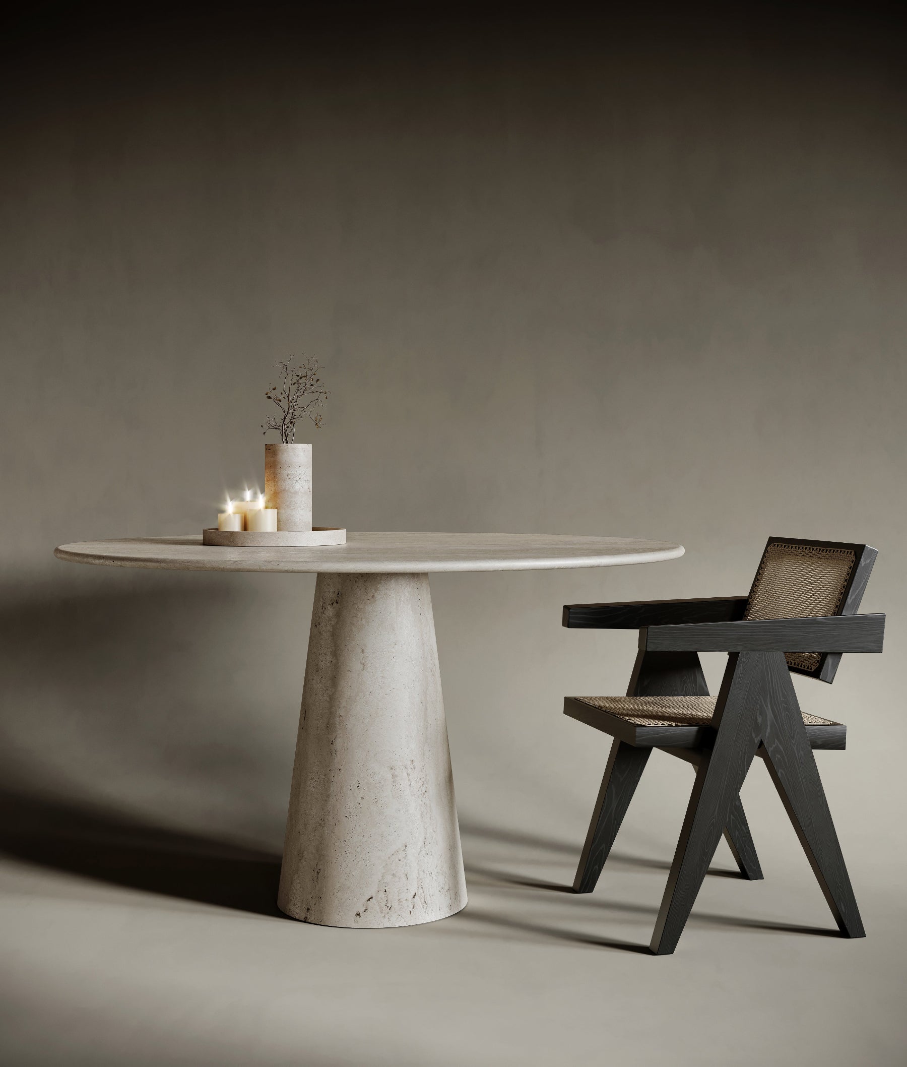 Modern round travertine table with a conical pedestal leg, offering a bold yet graceful silhouette; the soft taper and natural stone veining create a visual centerpiece for refined dining areas.