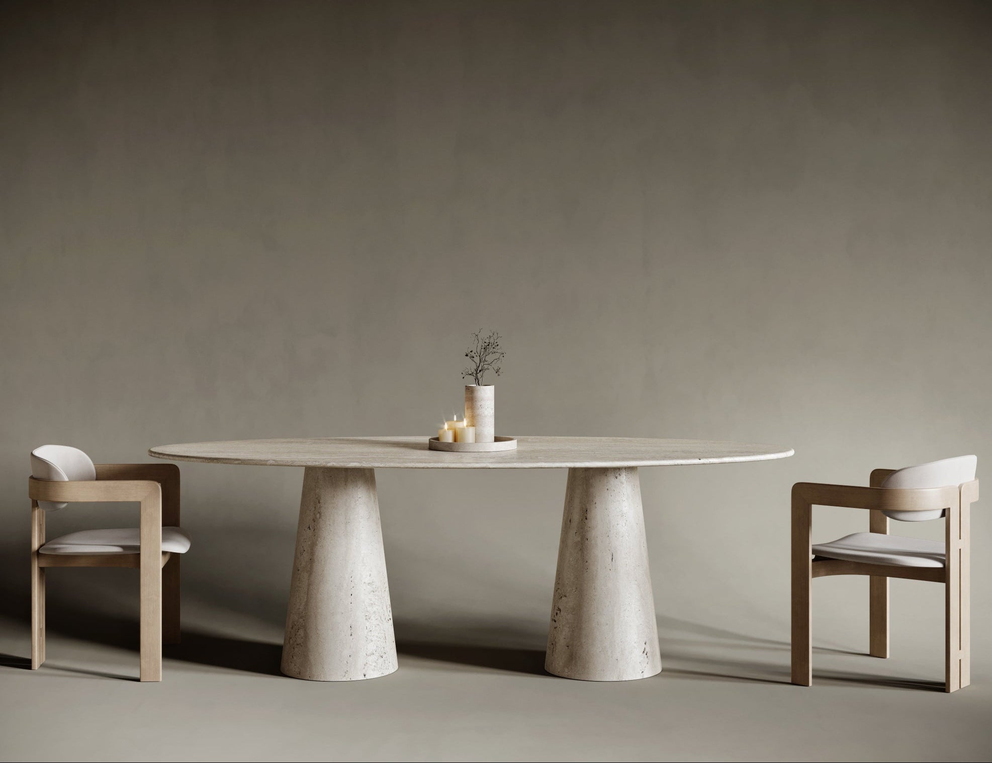 Ellipse travertine table with conical leg, sculptural base supporting smooth oval top.