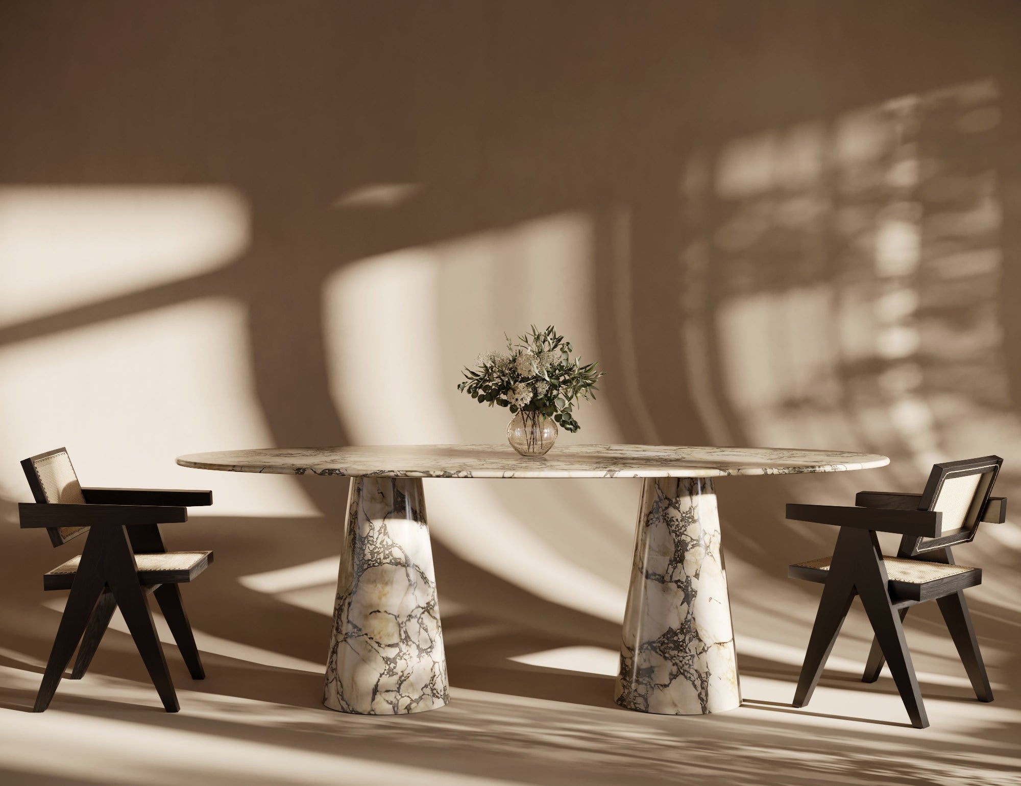 Ellipse Calacatta Viola marble dining table with conical leg, featuring luxurious veining, sculptural Italian marble form, perfect for refined interiors, contemporary ellipse marble elegance.