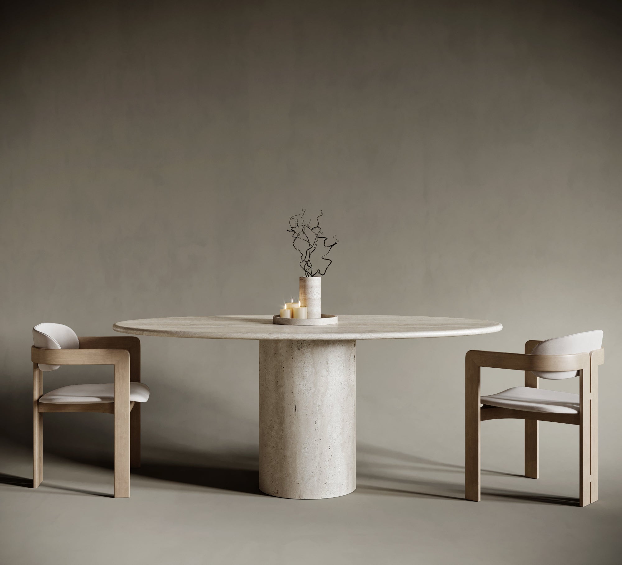 Ellipse travertine dining table with single cylindrical leg, natural stone craftsmanship with clean oval lines, minimal yet bold travertin base, ideal for sculptural dining interiors.