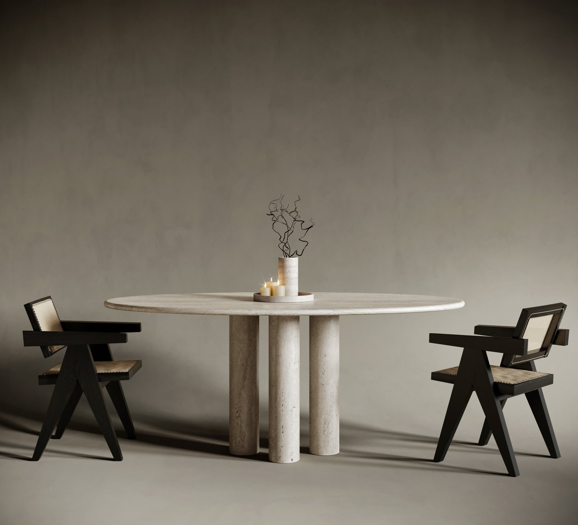 Ellipse travertine dining table with four cylindrical legs, natural stone elegance meets functional stability, sculptural travertin form, ideal for contemporary interiors.