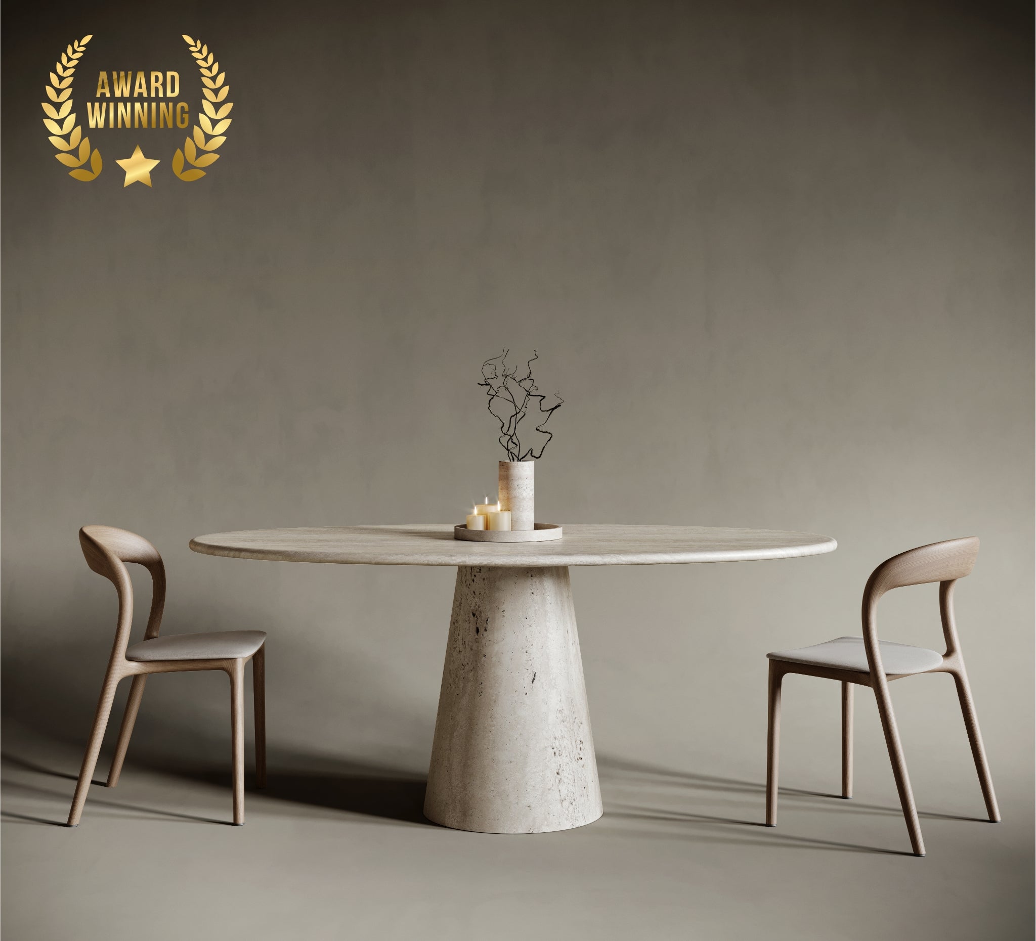 Award Winner MONOS ellipse travertine dining table with bold conical leg, unique sculptural form in natural stone, striking centerpiece for contemporary interiors, travertin luxury redefined.