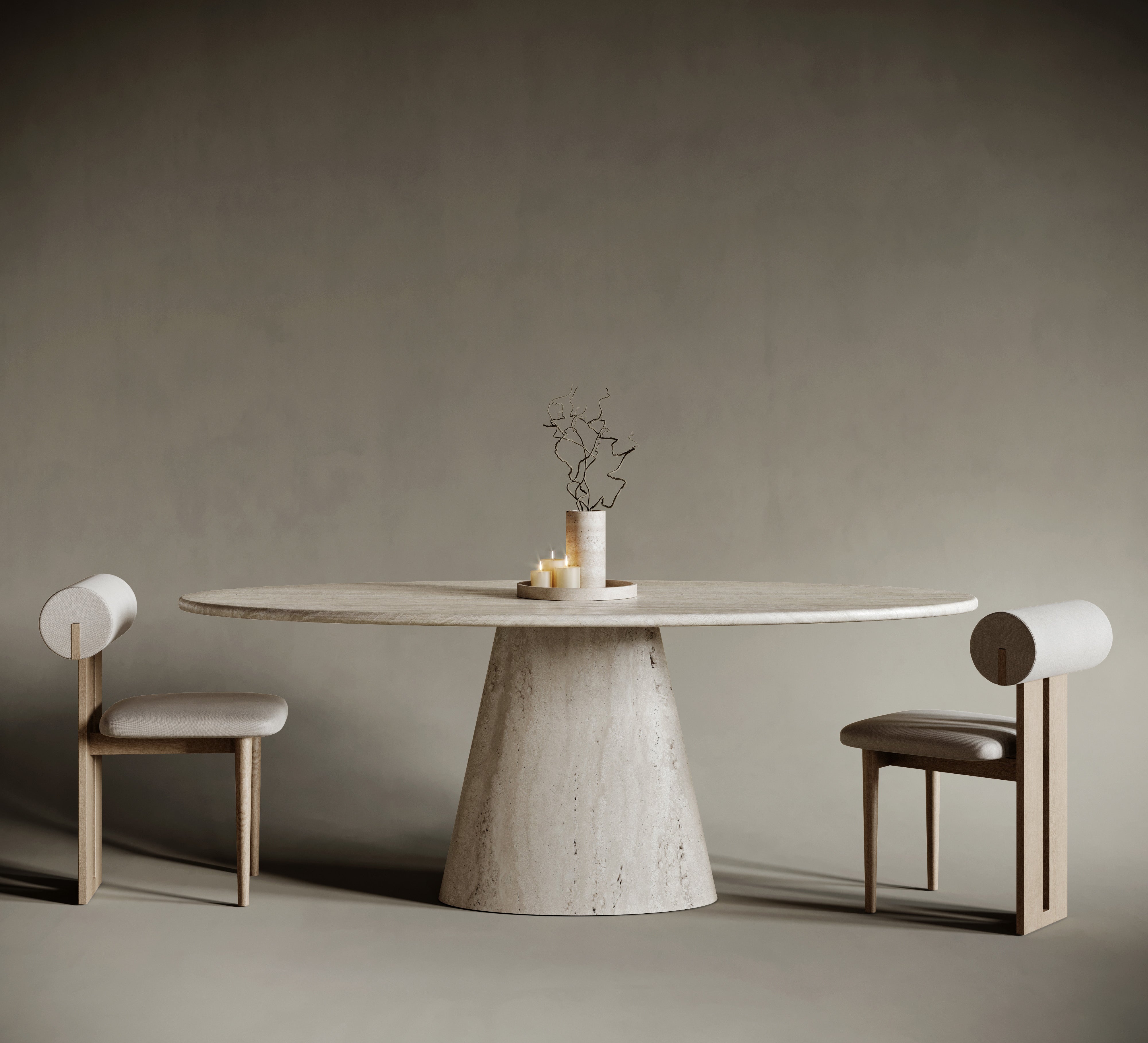 Ellipse One Leg Travertine Dining Table - Tapered Elliptical Leg