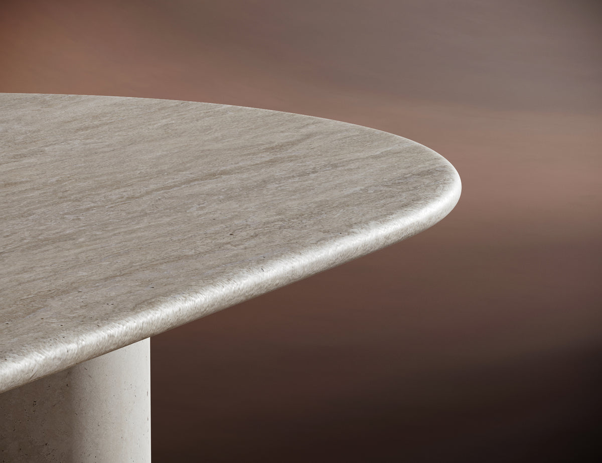 Close-up of MATTEO coffee table’s natural veining and cylindrical base design, highlighting its premium craftsmanship.