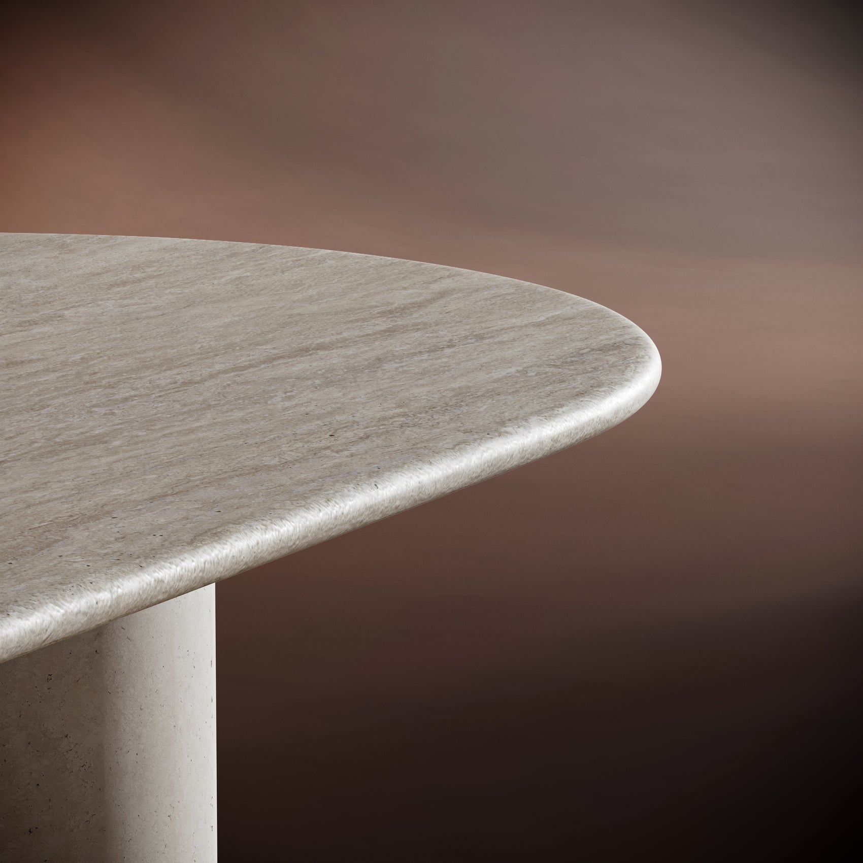 Close-up of MATTEO coffee table’s natural veining and cylindrical base design, highlighting its premium craftsmanship.