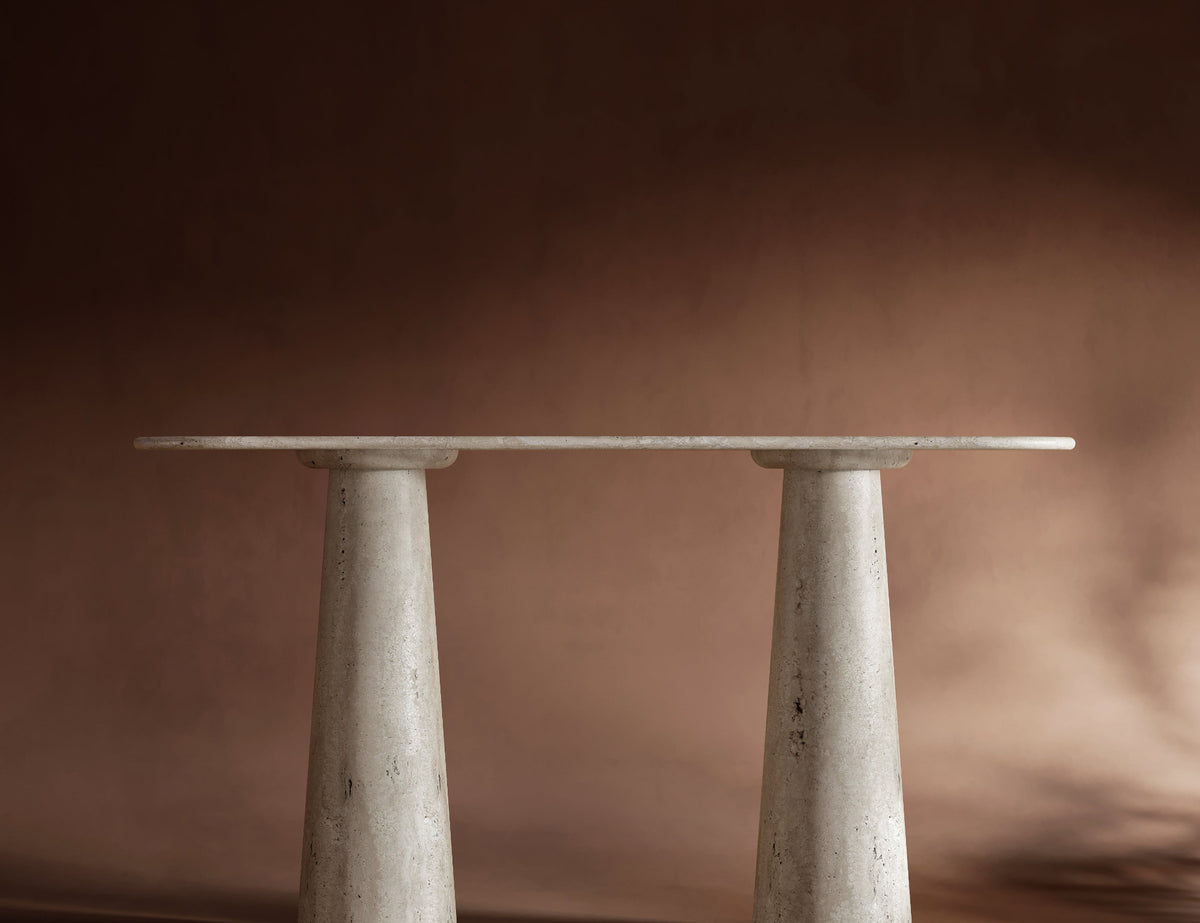 oval travertine console table