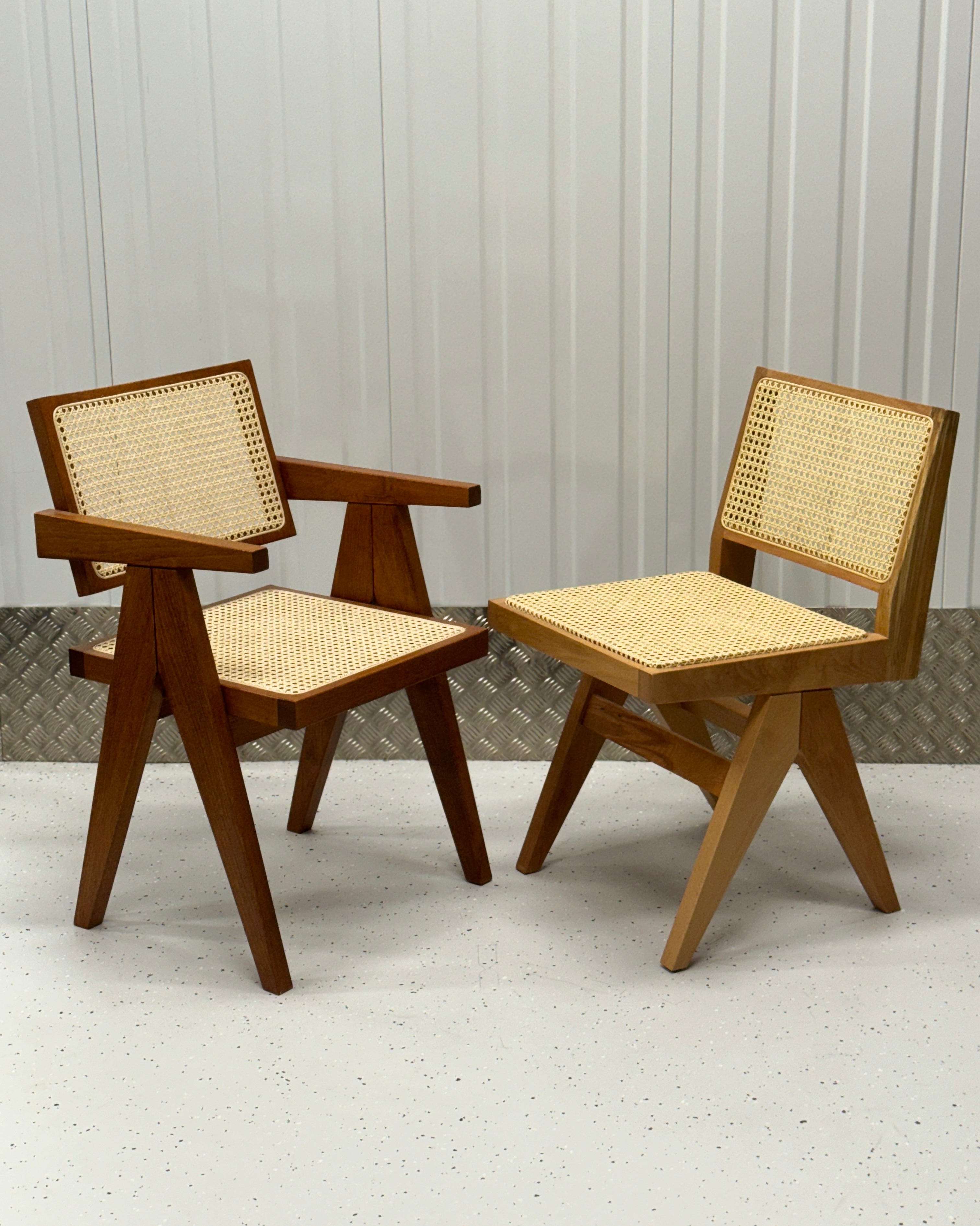 Pierre Jeanneret-inspired chair with a refined wooden frame and airy rattan details, ideal for creating a sophisticated yet relaxed dining atmosphere.