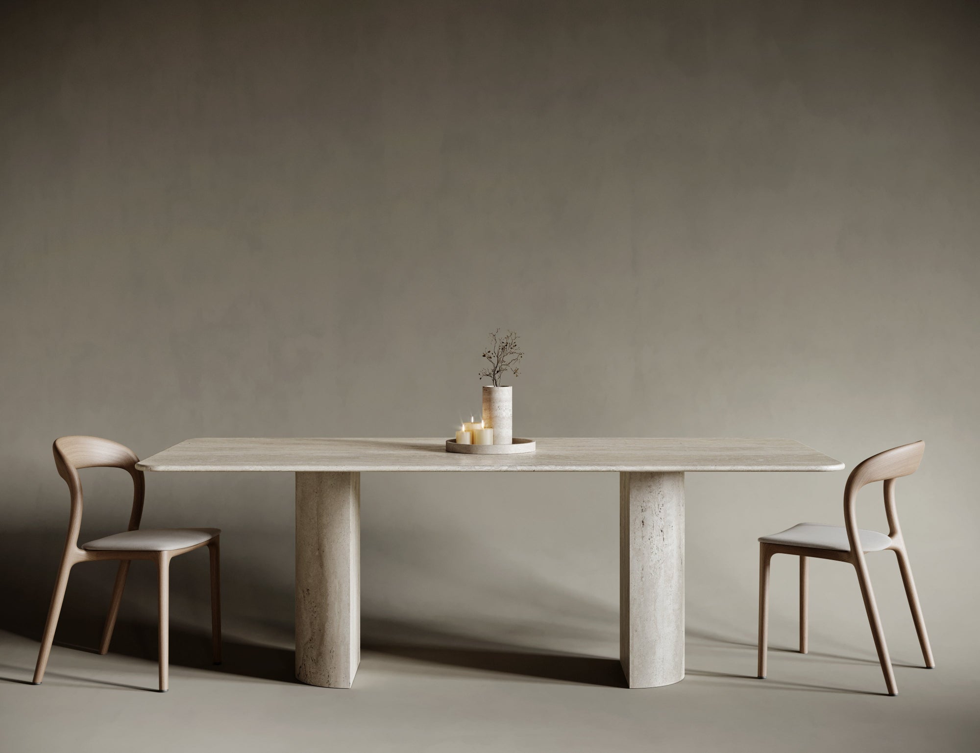 Modern rectangular travertine dining table featuring a semi-cylindrical base, offering a dynamic contrast between sharp tabletop edges and curved support; ideal for architectural spaces that value material integrity and bold proportions.