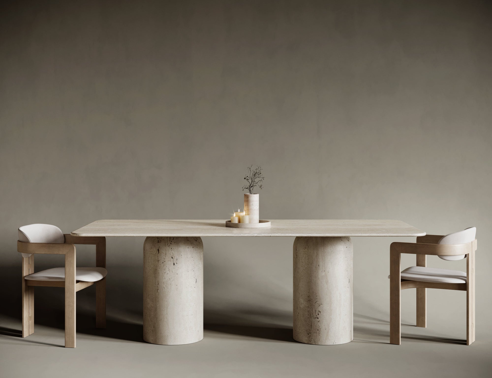 Rectangular travertine dining table with softly rounded base, balancing structure and flow.