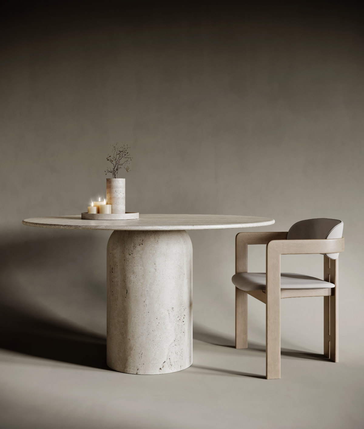 Sculptural round travertine dining table with a unique rounded base, blending soft organic geometry with solid stone elegance; a contemporary interpretation of classic materiality for modern interiors.