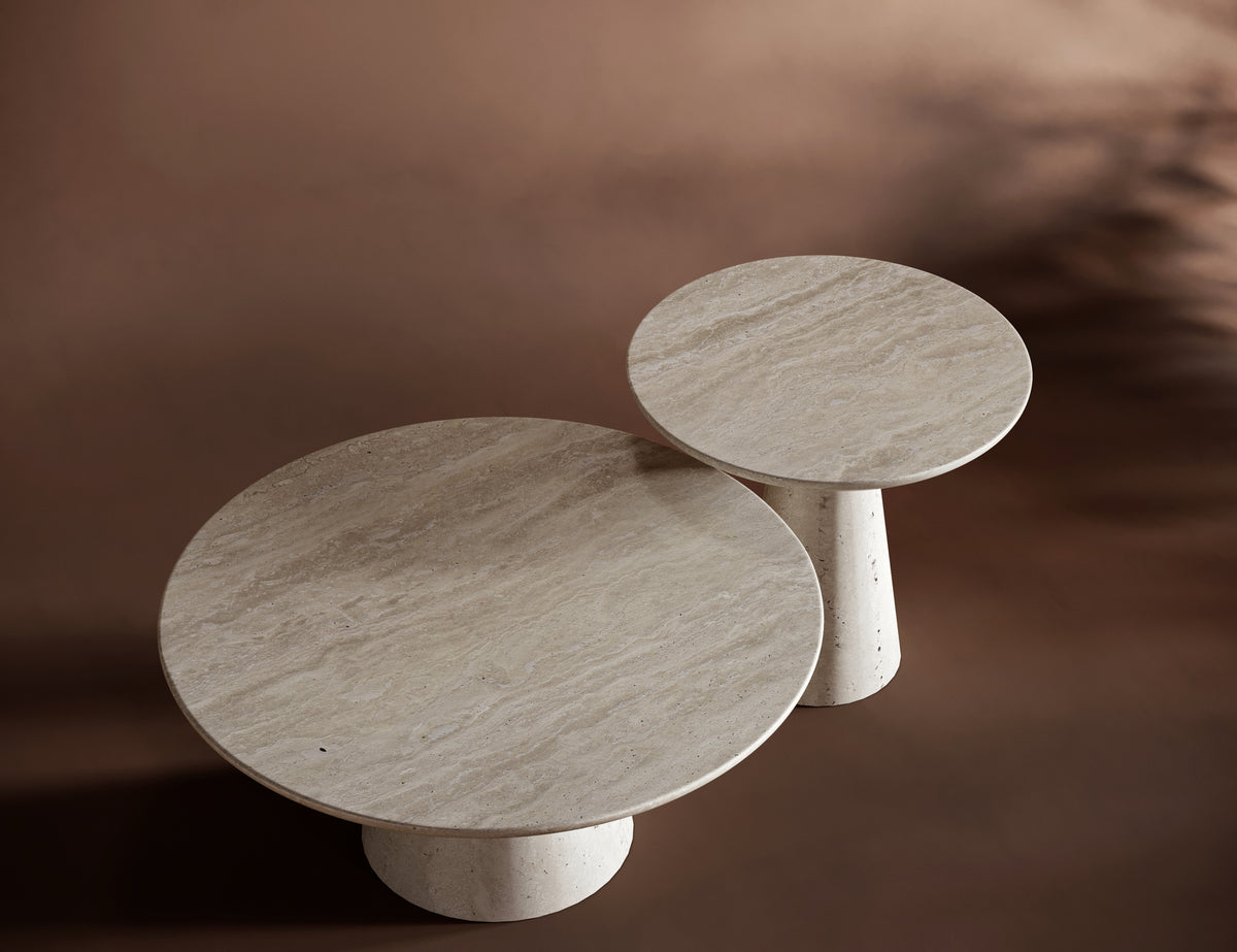 Premium travertine coffee table set with warm earthy tones, perfect for modern and Nordic-inspired spaces.