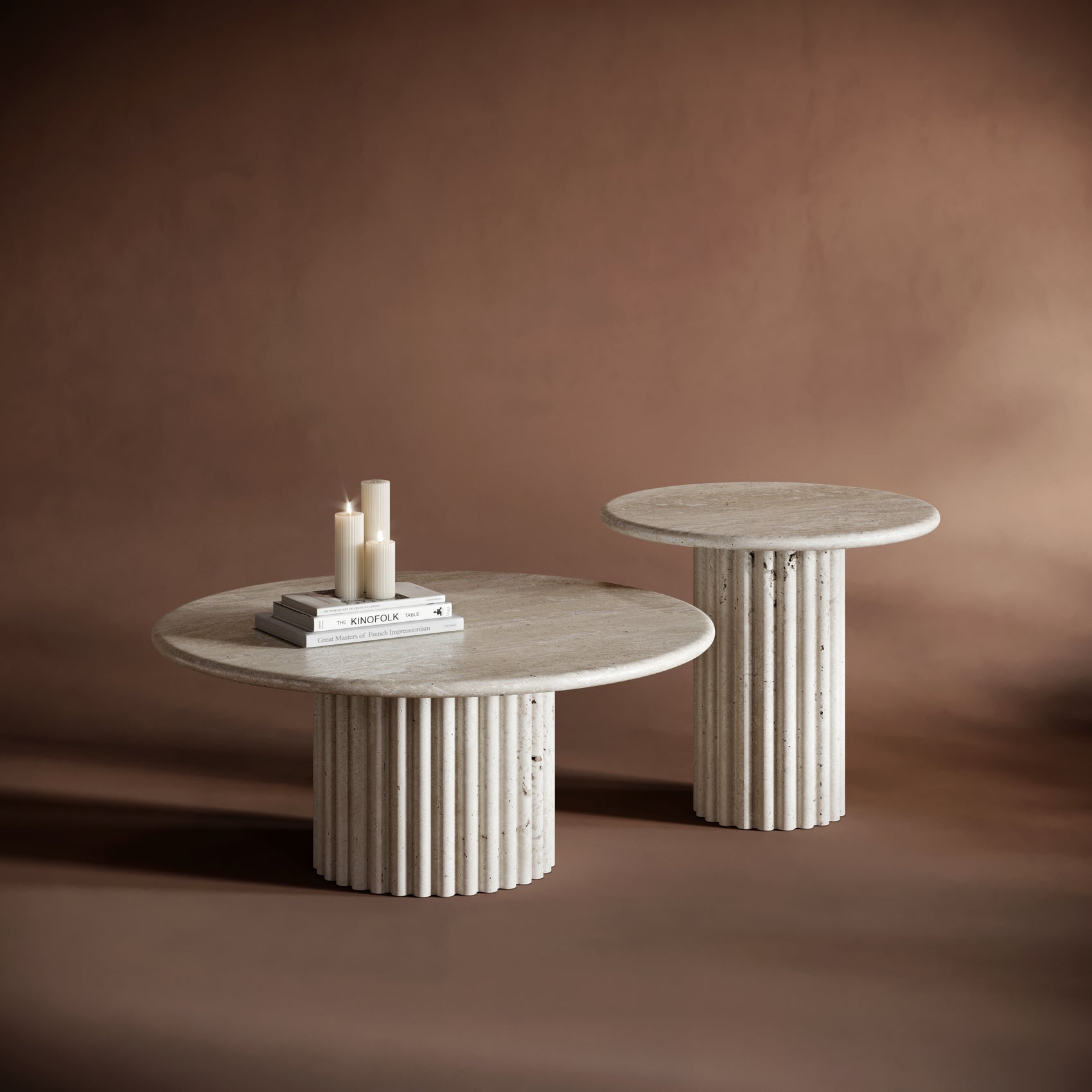 Close-up of the BIANCA travertine coffee table’s fluted base and natural stone veining.
