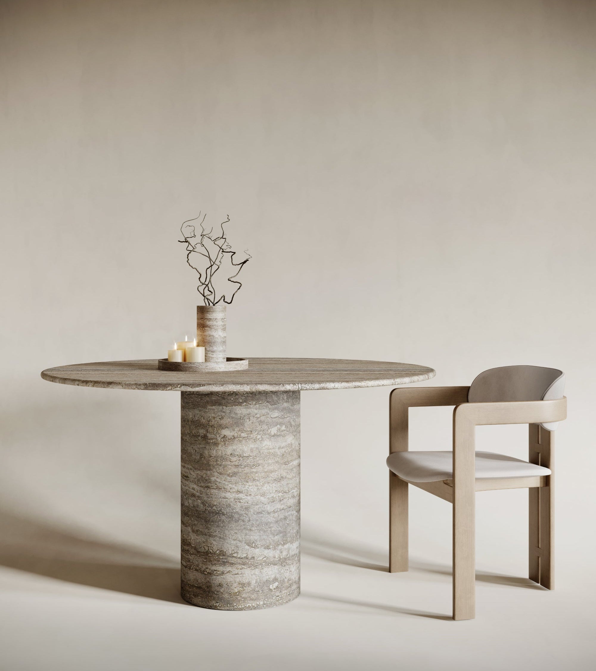Round silver travertine dining table with cylindrical base, natural stone texture, modern travertin elegance, perfect as a sculptural dining piece, silver travertine craftsmanship