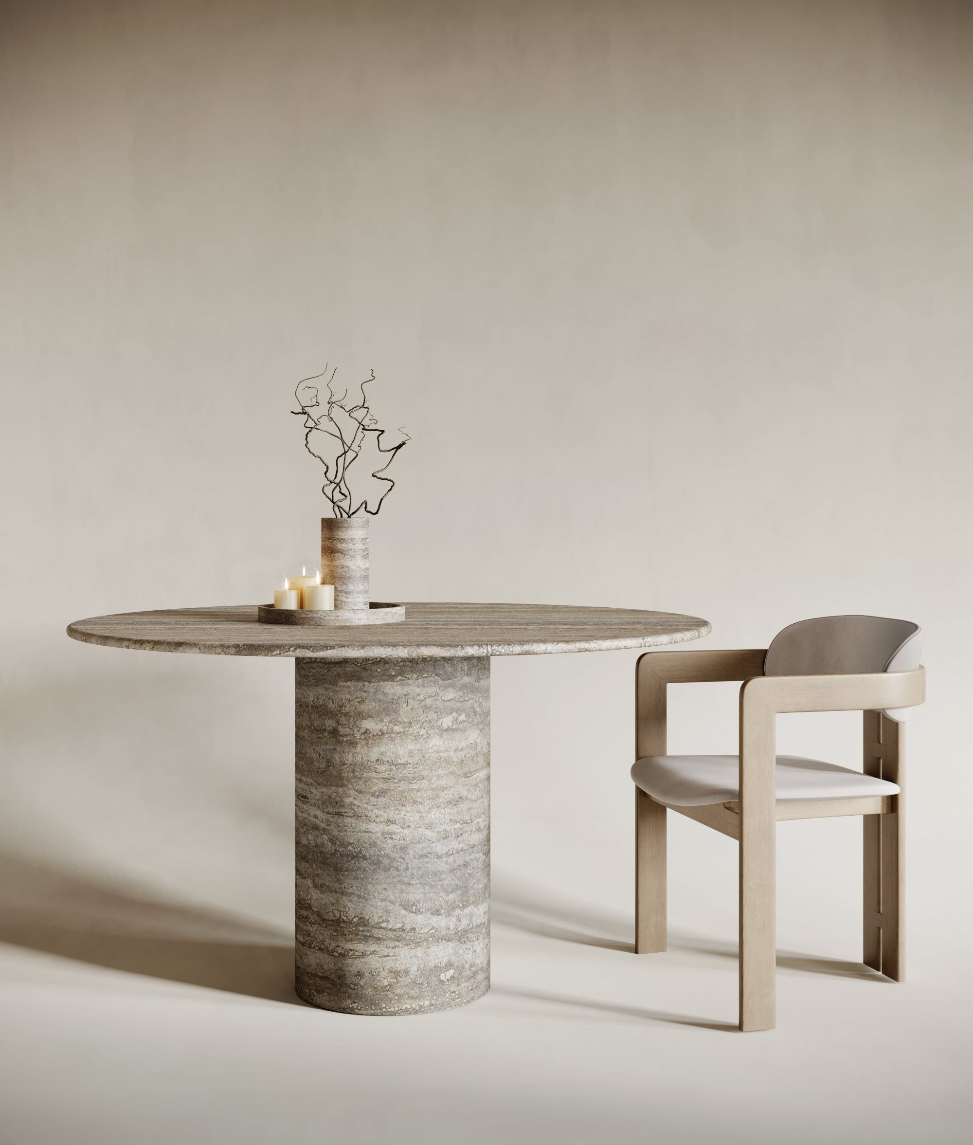 Round silver travertine dining table with cylindrical base, natural stone texture, modern travertin elegance, perfect as a sculptural dining piece, silver travertine craftsmanship