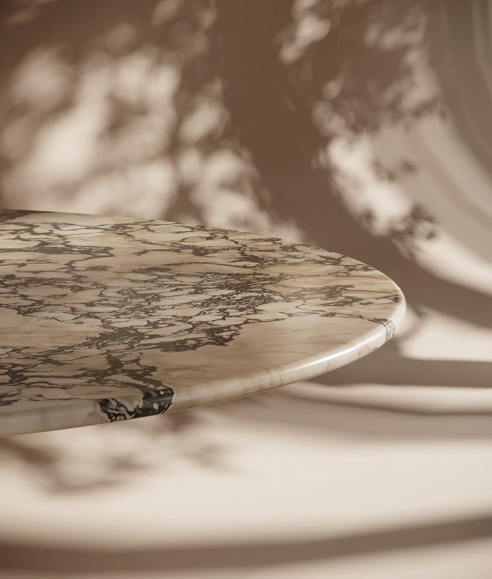 Elegant round Calacatta Viola marble dining table with cylindrical leg, fine veined surface, timeless Italian marble style, luxury round marble dining piece, sculptural base statement.