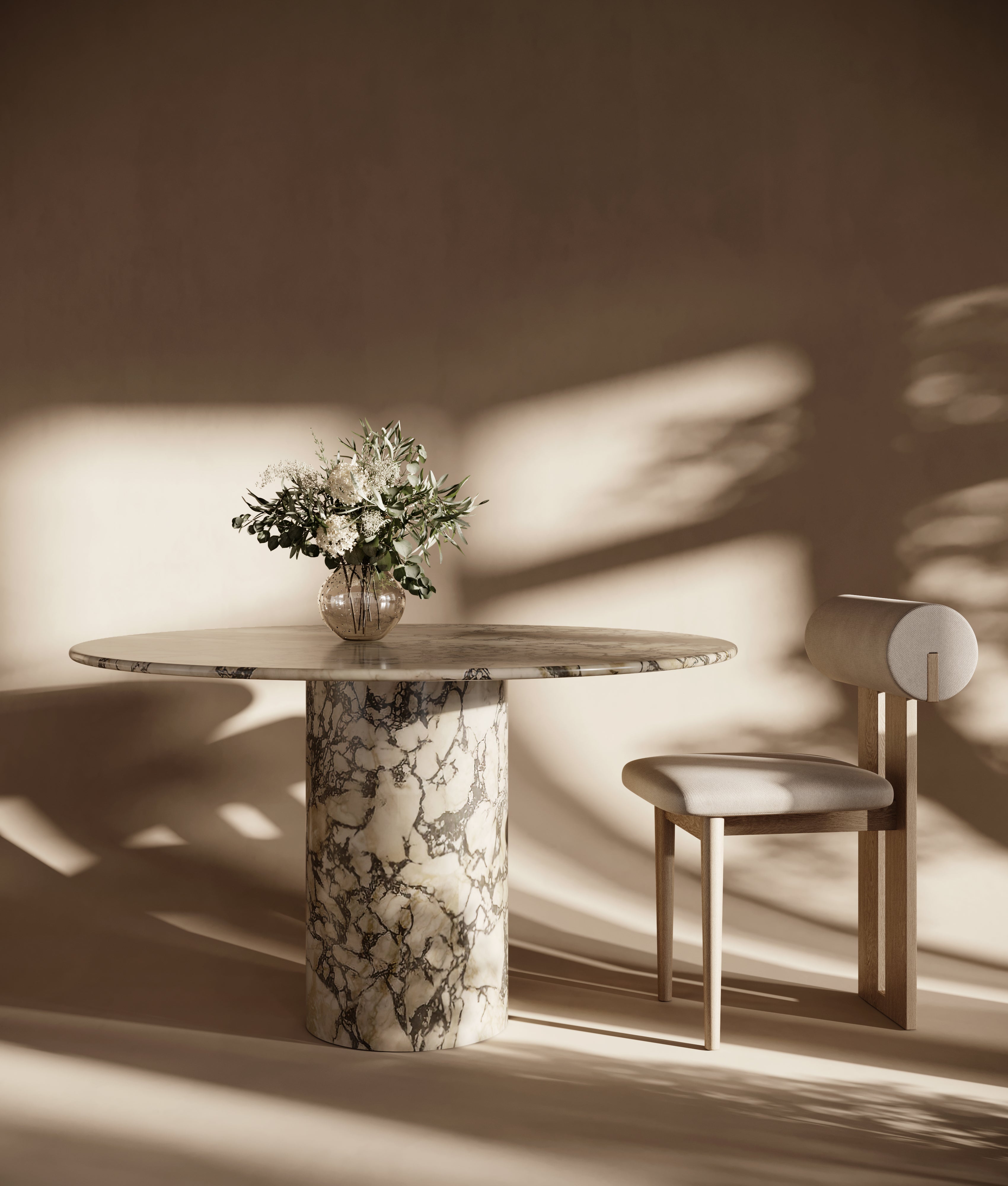 Round Calacatta Viola Marble Dining Table Cylindrical Leg