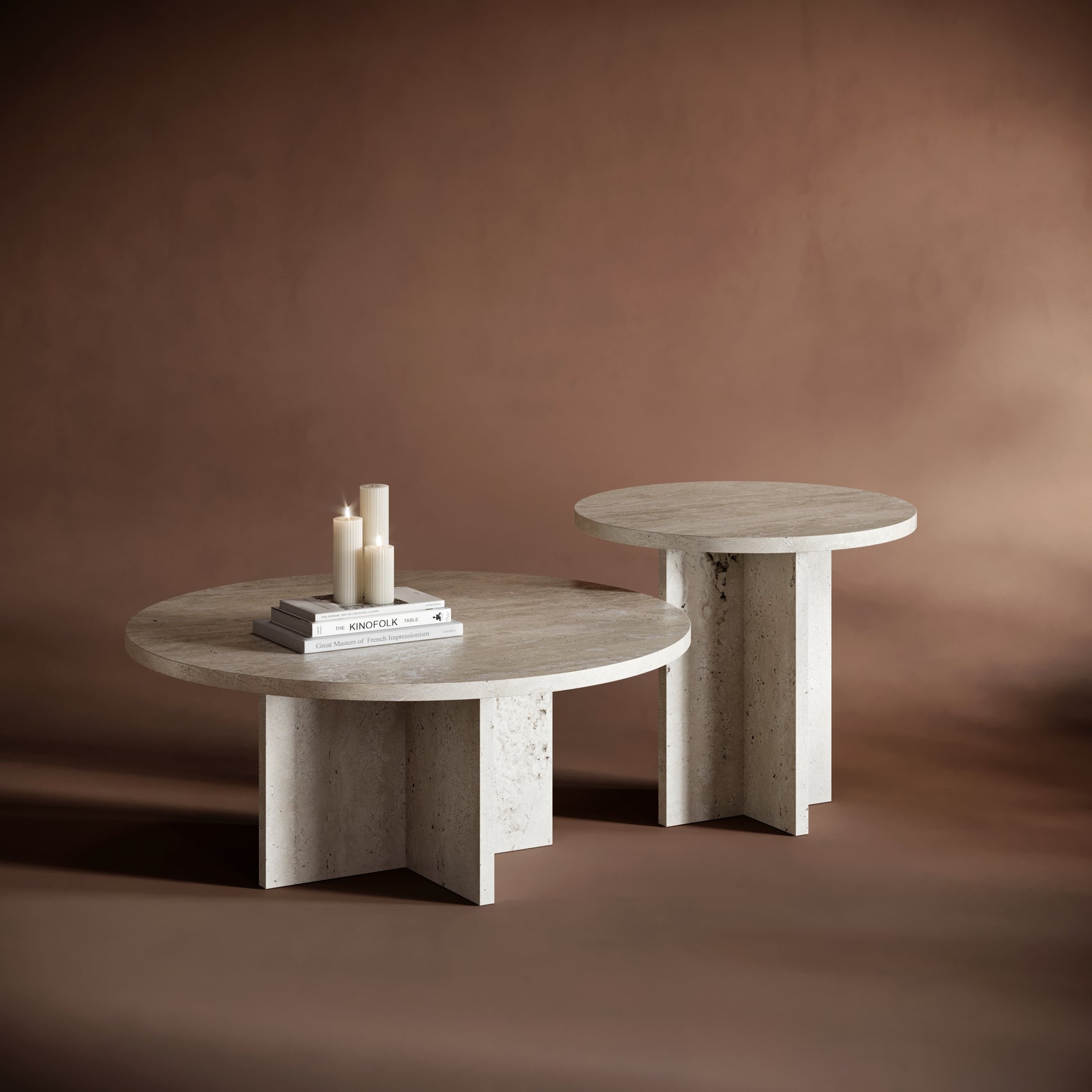 ELENA travertine coffee table set with two round tables of varying heights, showcasing natural stone textures.
