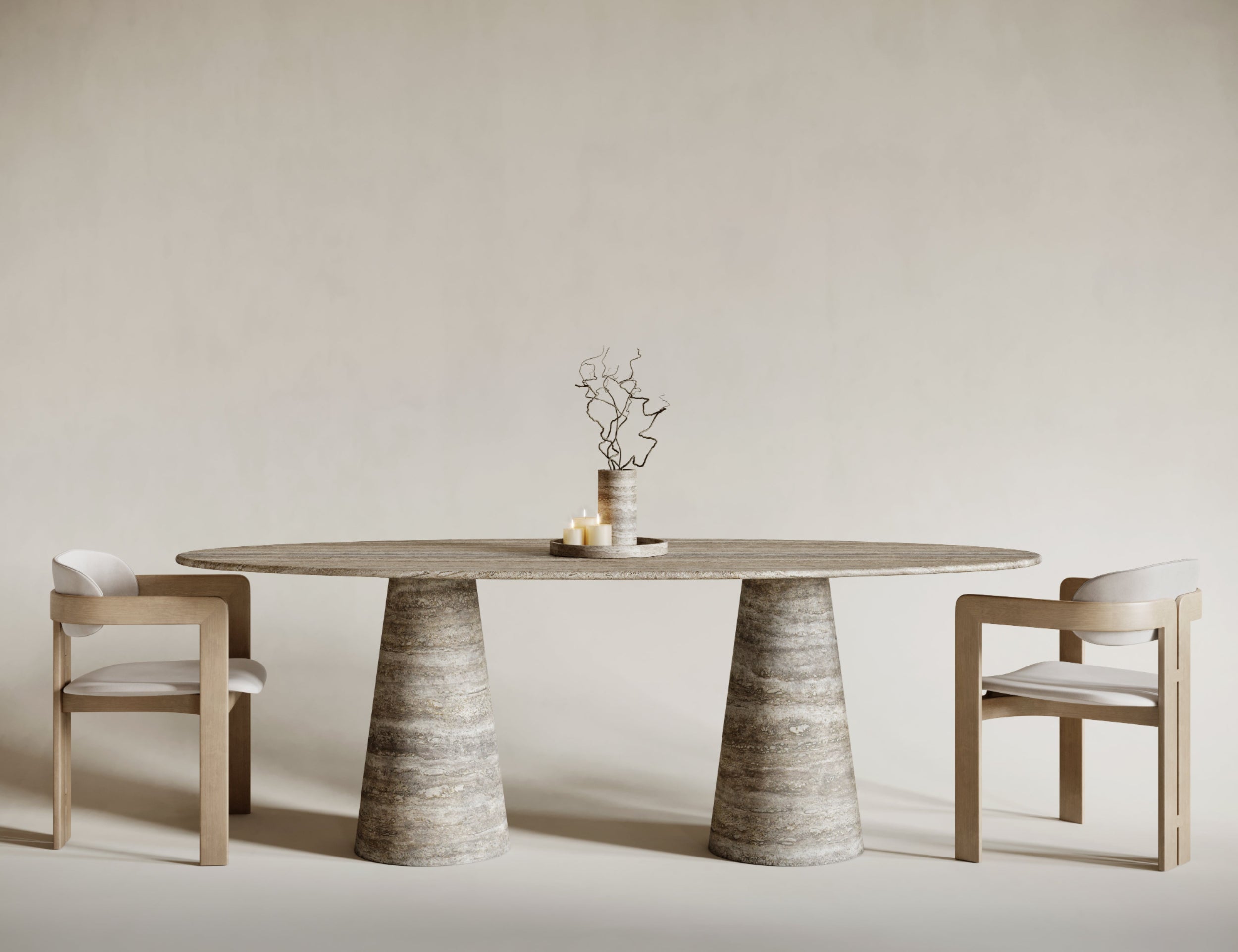 Elegant ellipse silver travertine dining table with conical leg, sleek natural stone surface, contemporary travertin shape, sculptural dining table ideal for modern spaces.