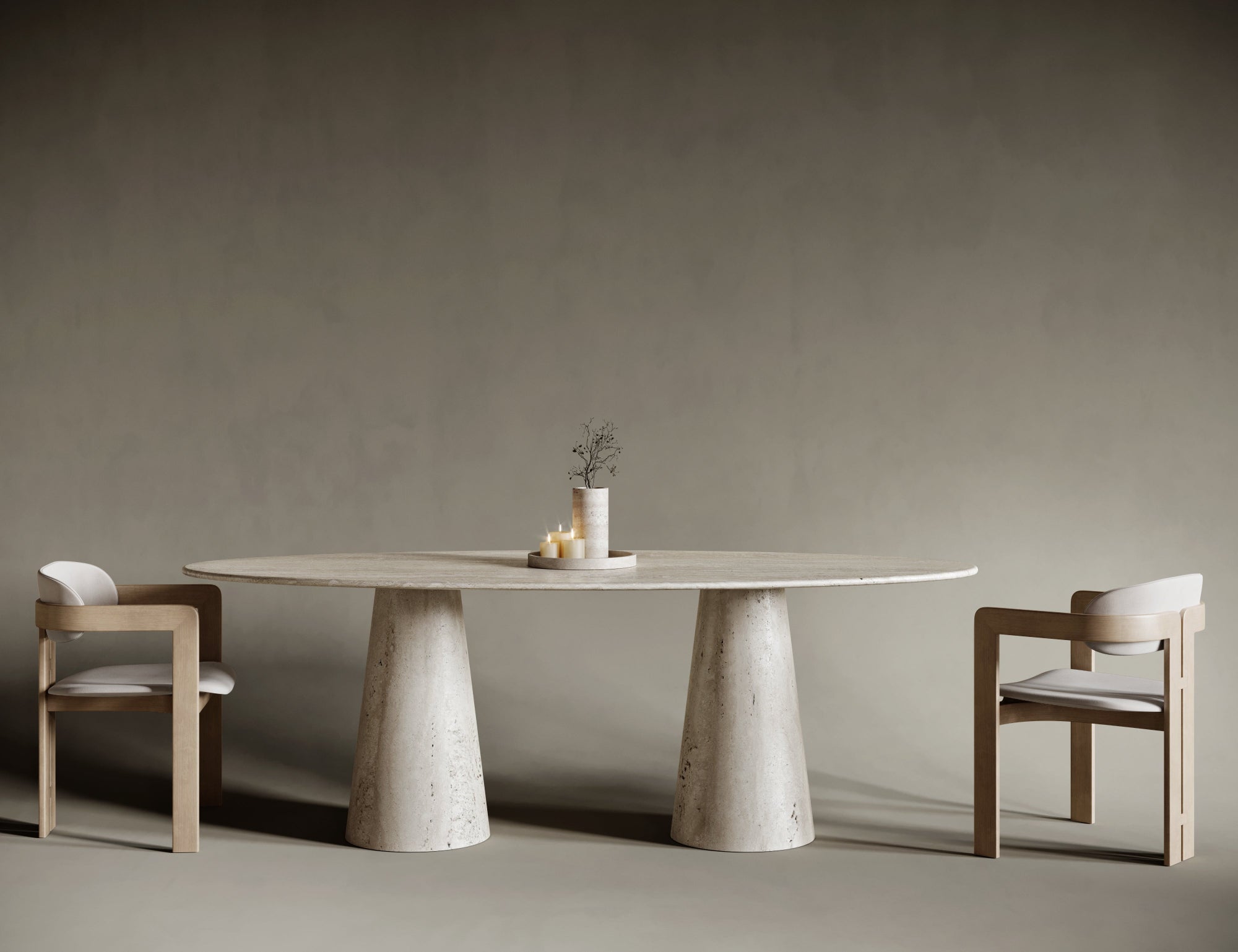 Ellipse travertine table with conical leg, sculptural base supporting smooth oval top.

