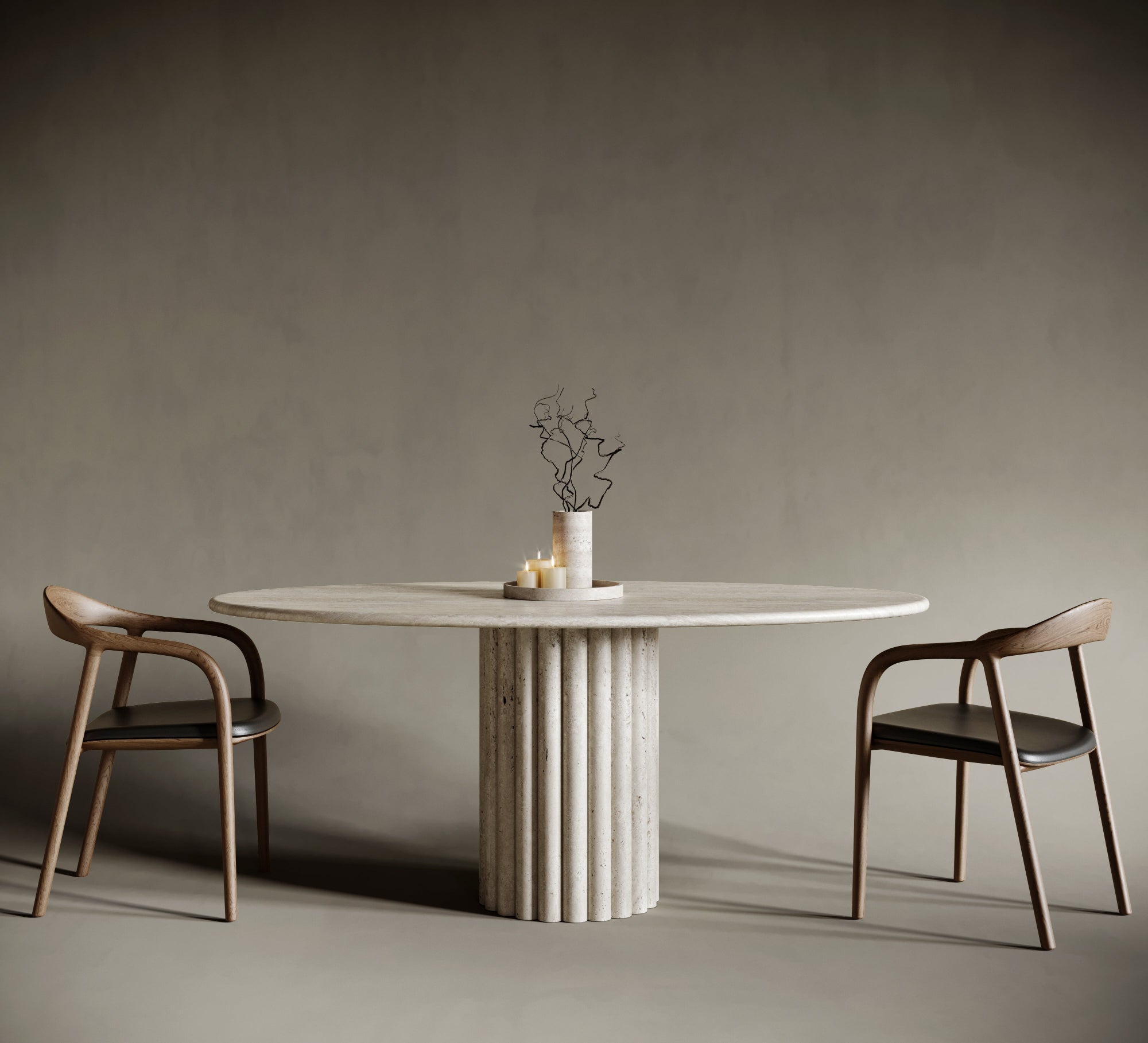 Modern ellipse travertine dining table with fluted single leg, detailed stone carving for added elegance, minimalist form, perfect for artistic interior design settings.