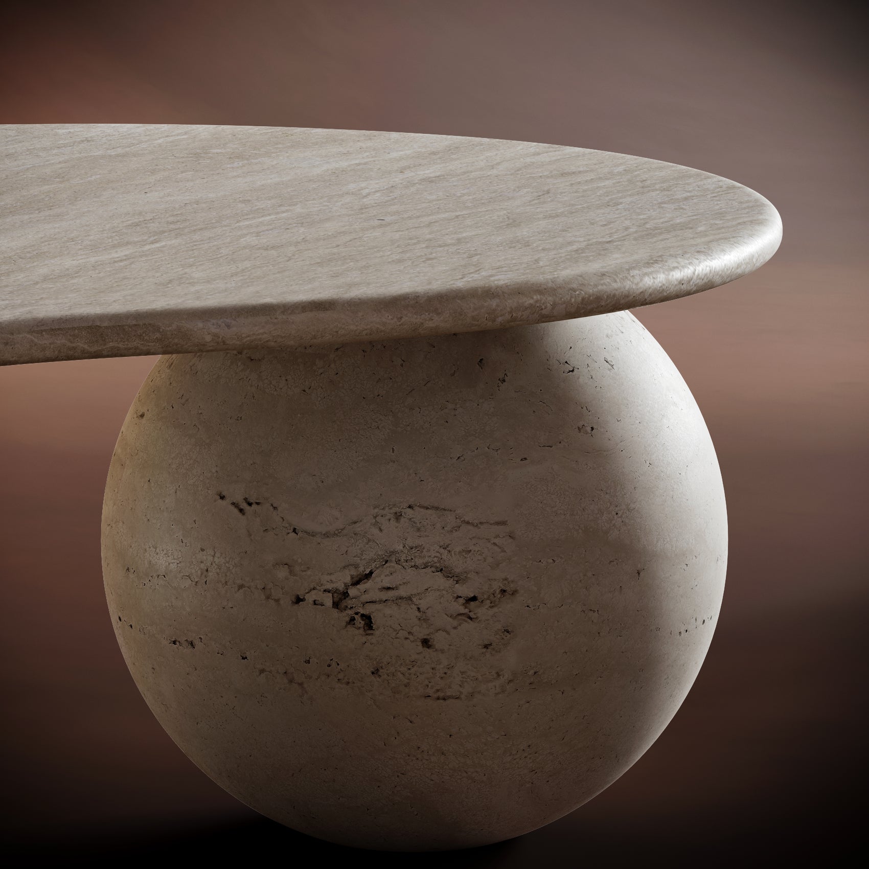 Close-up of FABIO coffee table’s natural veining and porous texture, highlighting its unique craftsmanship.
