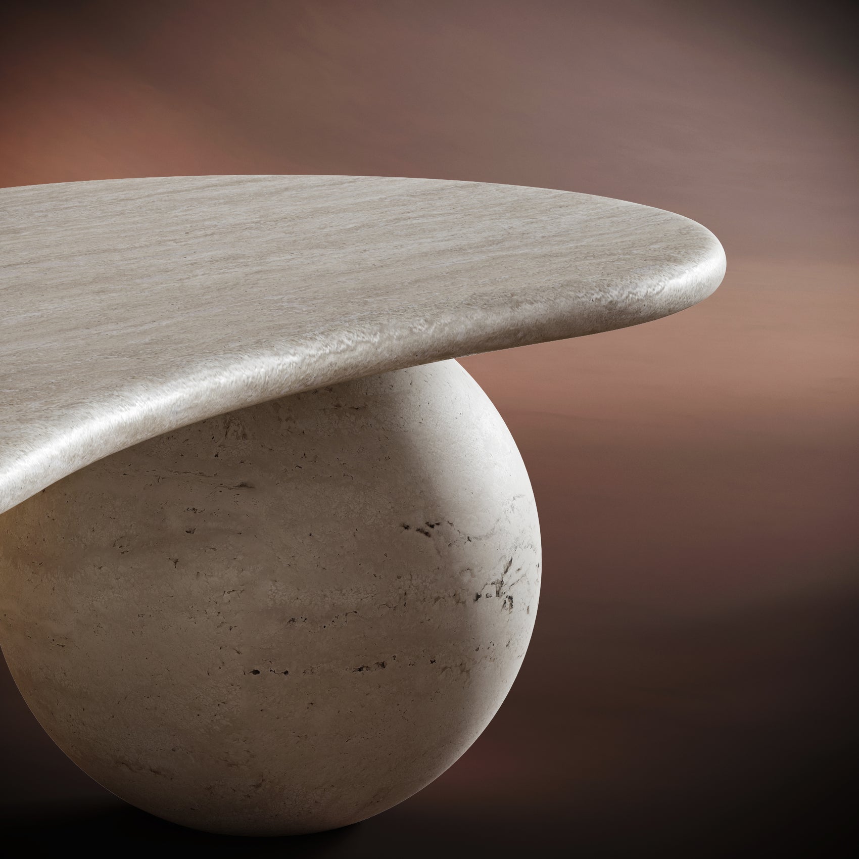 MARCO travertine coffee table set against a warm brown background, emphasizing its organic form and timeless design.