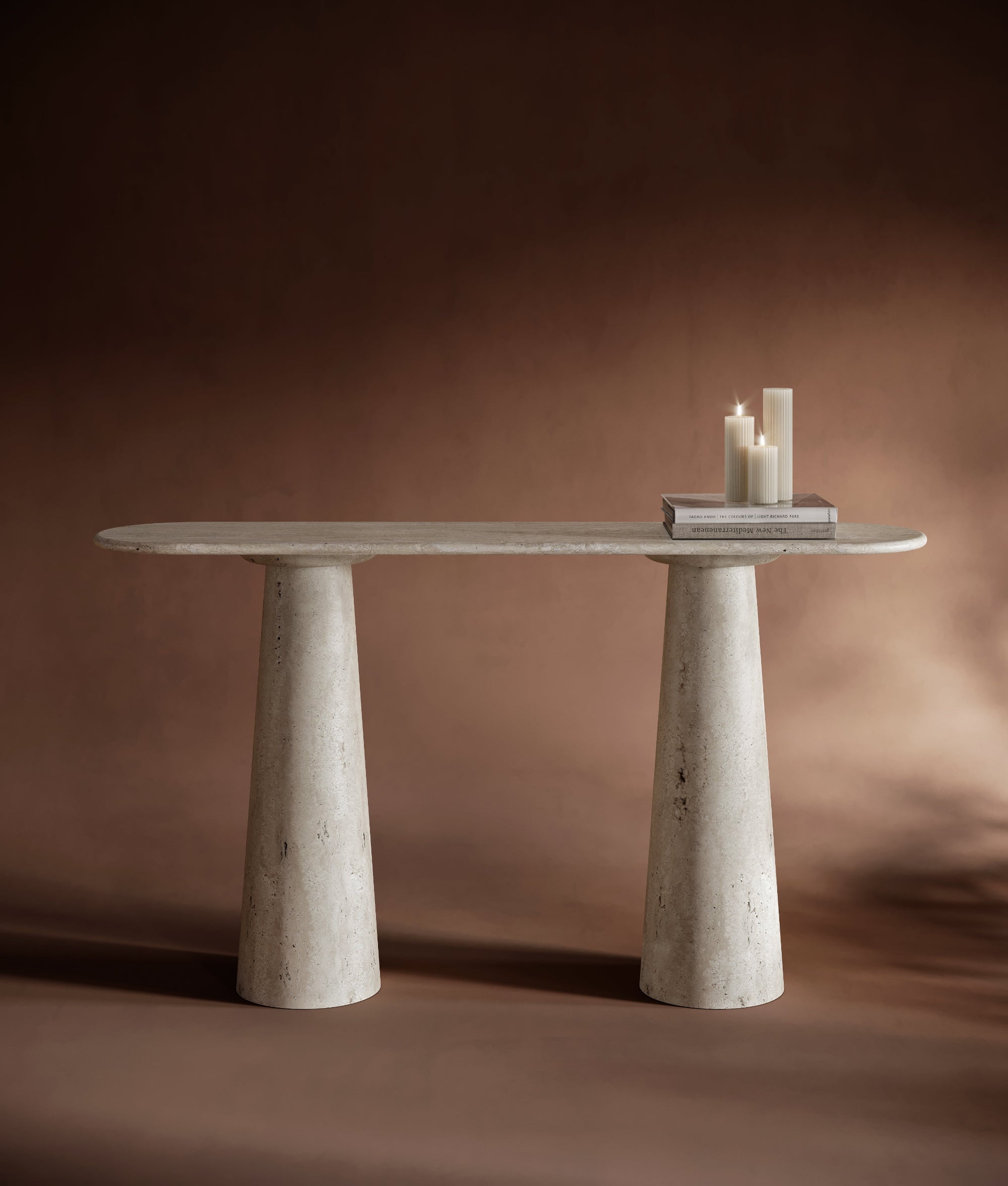 Elegant oval travertine console table with conical leg, minimalist travertin furniture design, natural stone surface, ideal as console travertin decor, timeless oval travertine dining piece.