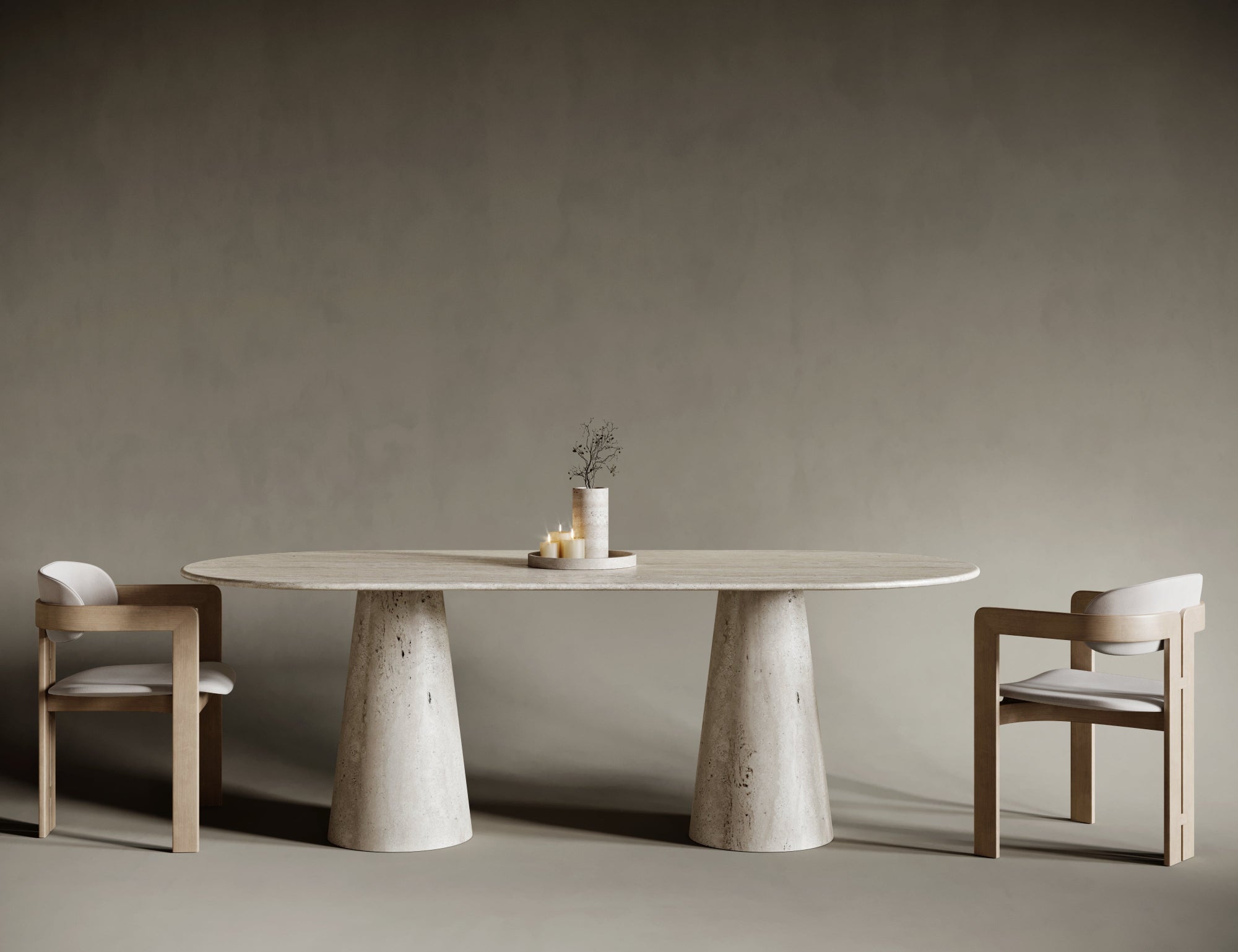 Modern oval travertine dining table with bold conical leg, blending geometry and elegance.

