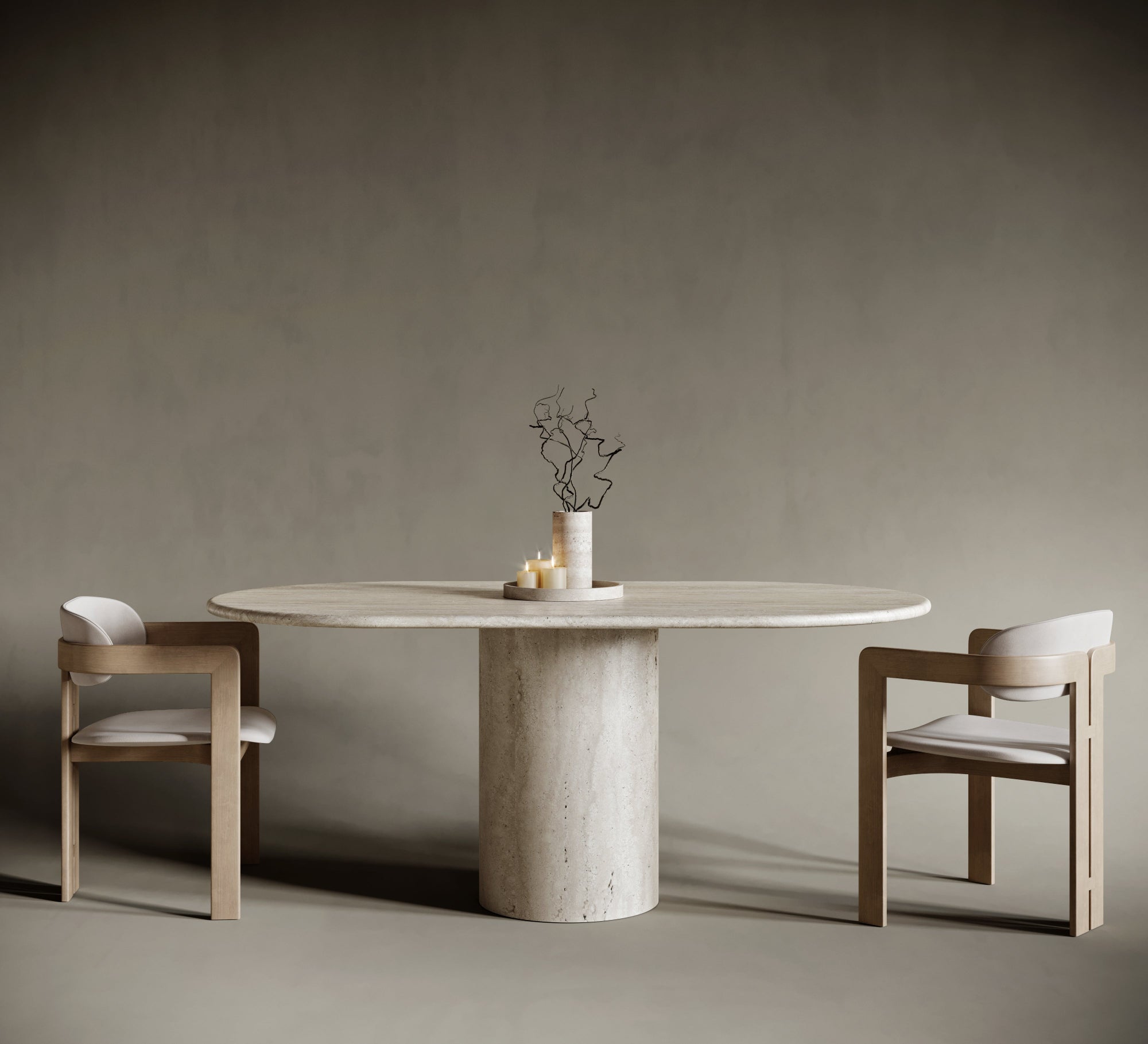 Oval travertine dining table with a single cylindrical leg, minimalist and bold natural stone base, timeless travertin elegance, designed for modern interiors.