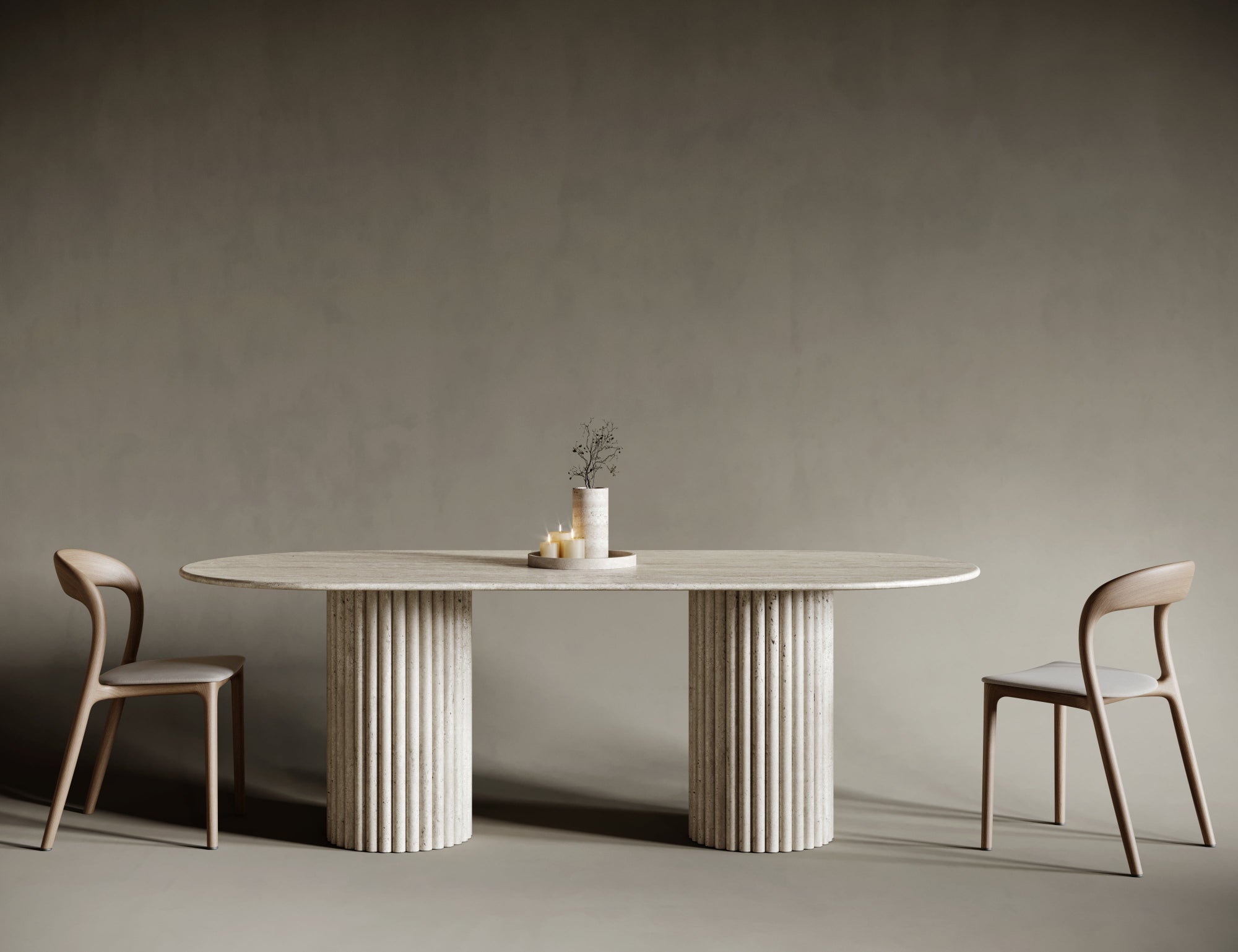 Oval travertine dining table with fluted legs, timeless natural stone construction, sculpted leg details offer texture and elegance, ideal for modern classic dining spaces.