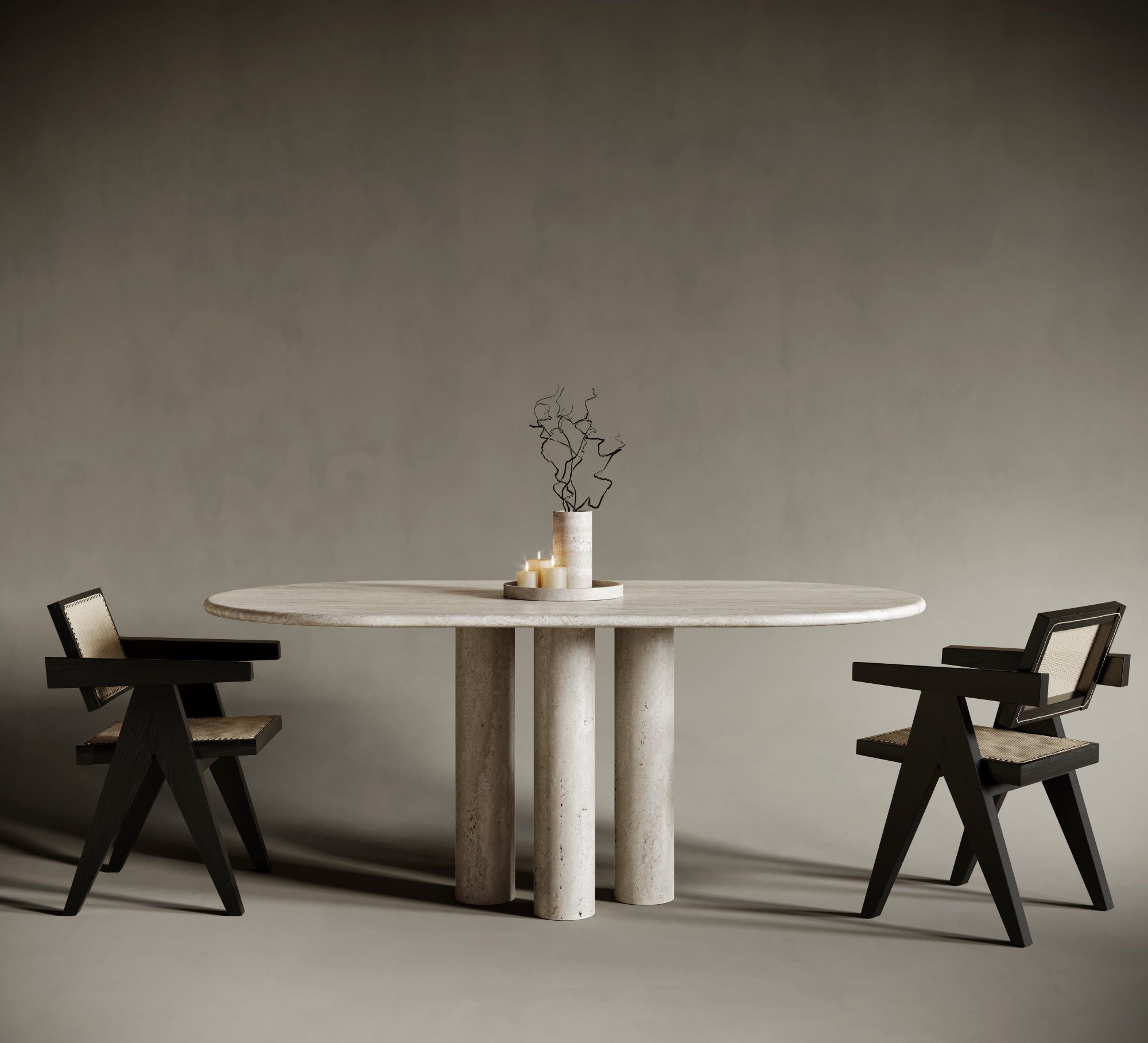 Oval travertine dining table with four cylindrical legs, solid natural stone base, classic travertin elegance, perfect for modern and timeless interiors, sculptural oval table design.