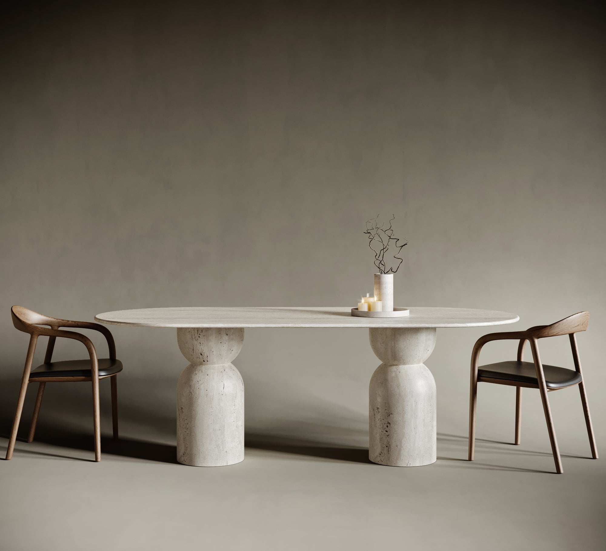 Elegant dining room featuring an oval travertine dining table with sculptural hourglass legs. The natural stone surface showcases unique textures and organic patterns, creating a harmonious blend of modern design and timeless craftsmanship.