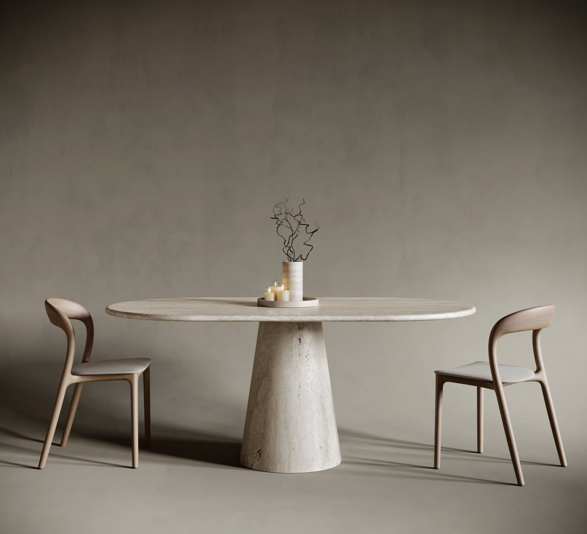 Modern oval travertine dining table with single conical leg, natural stone form with sculptural base, perfect for high-end contemporary interiors.