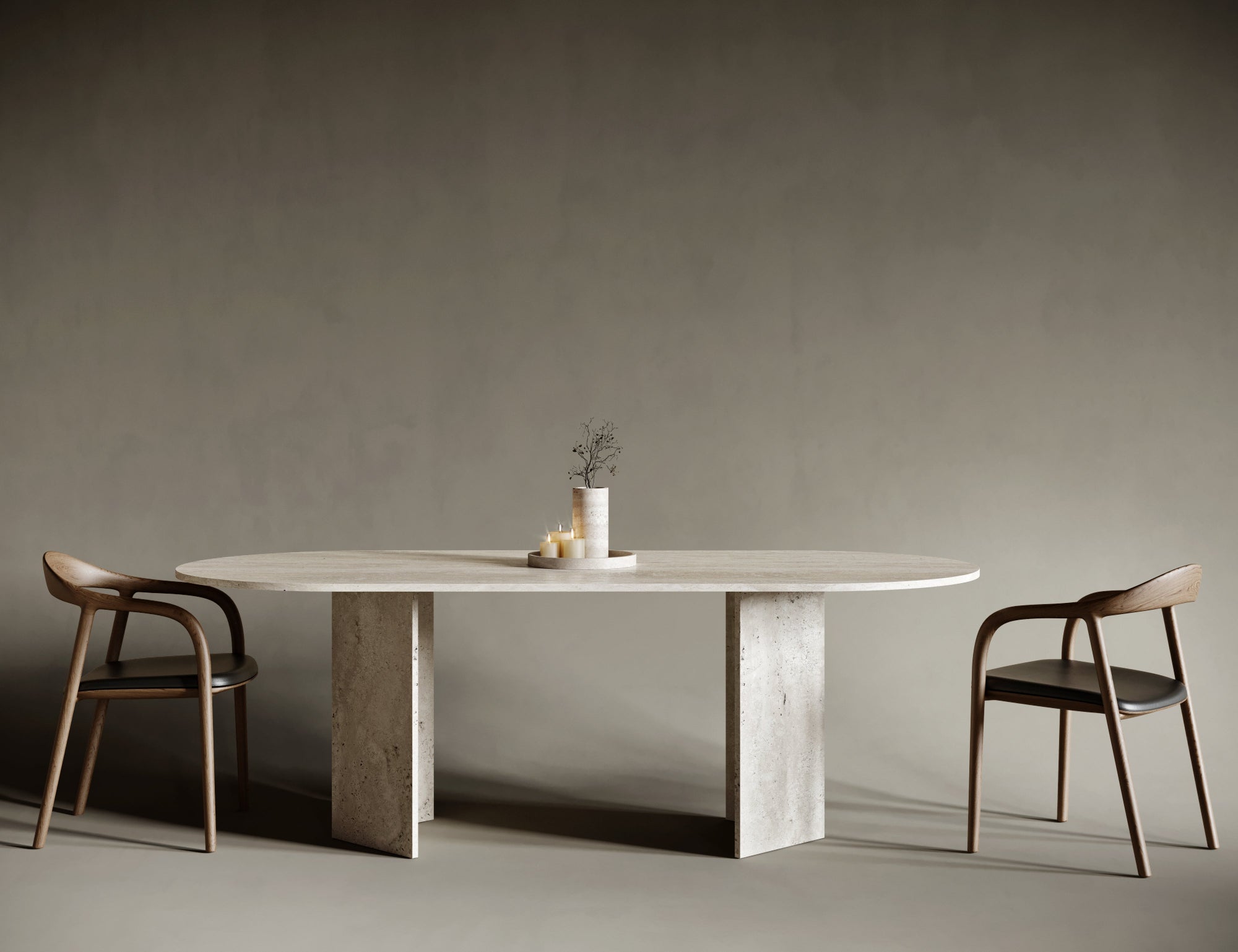 Oval travertine dining table with bold V-shaped leg, smooth stone curves meet structural design, travertin elegance for contemporary dining spaces.
