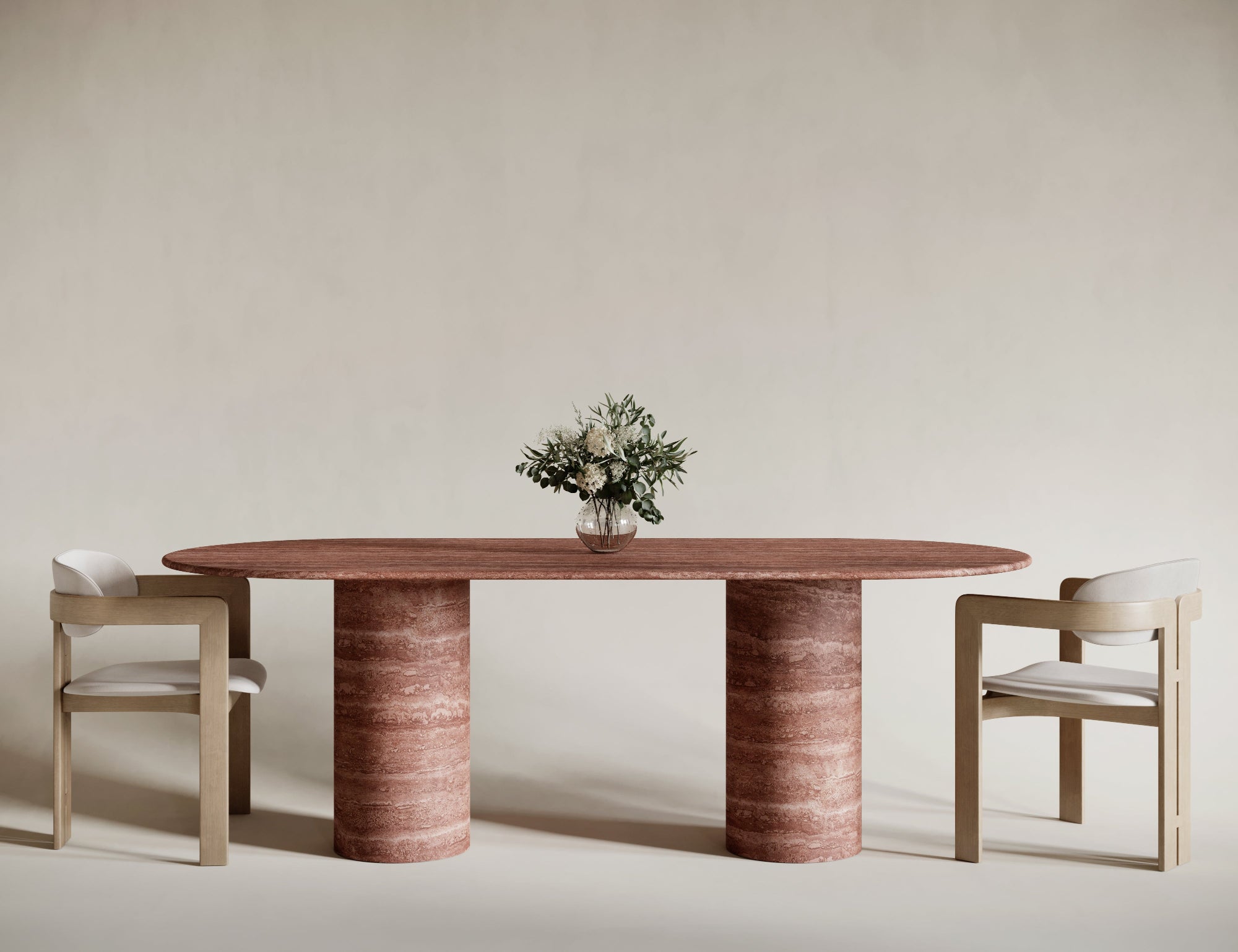 Striking oval red travertine dining table with cylindrical leg, bold natural stone aesthetics, rich earthy tones, sculptural elegance in travertin design, ideal for standout dining rooms.