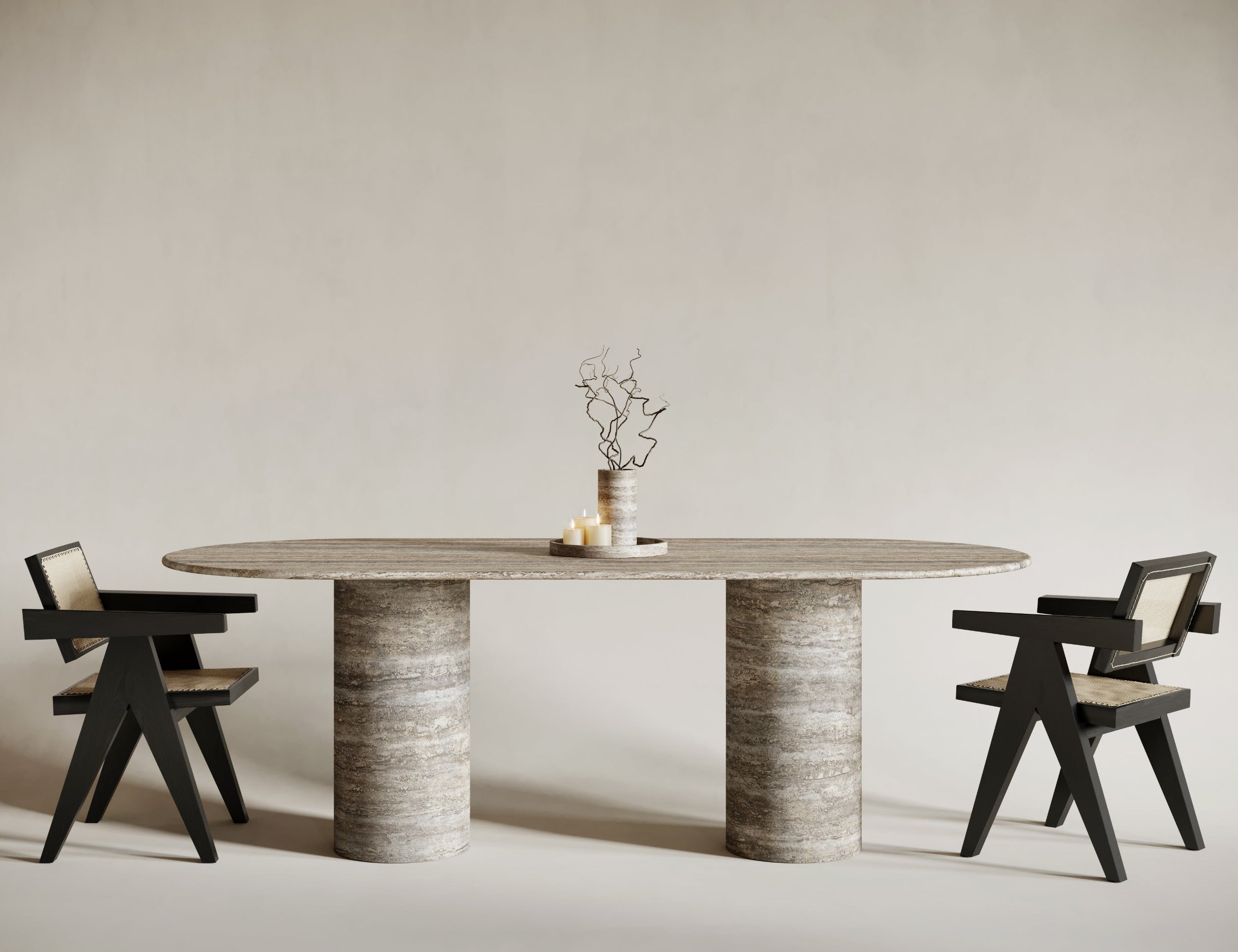 Oval silver travertine dining table with cylindrical base, sleek natural stone surface, elegant travertin form, perfect for modern interiors, timeless oval dining silhouette.