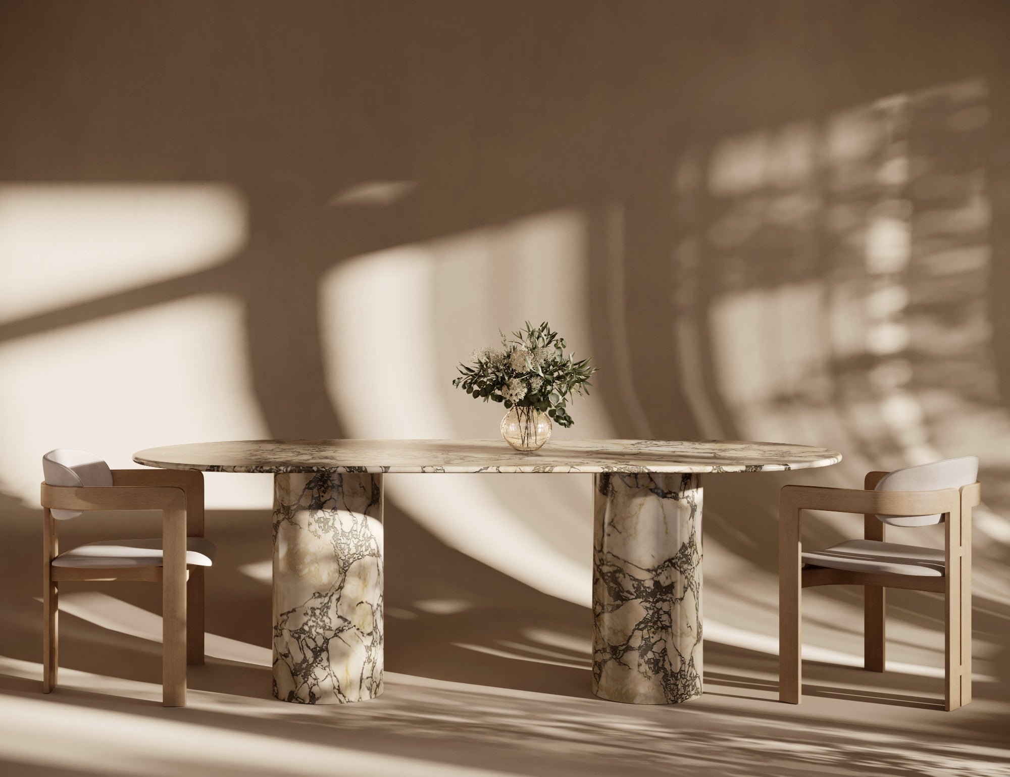 Oval Calacatta Viola marble dining table with cylindrical legs, featuring elegant veining, luxury Italian craftsmanship, smooth marble finish, timeless oval marble dining style