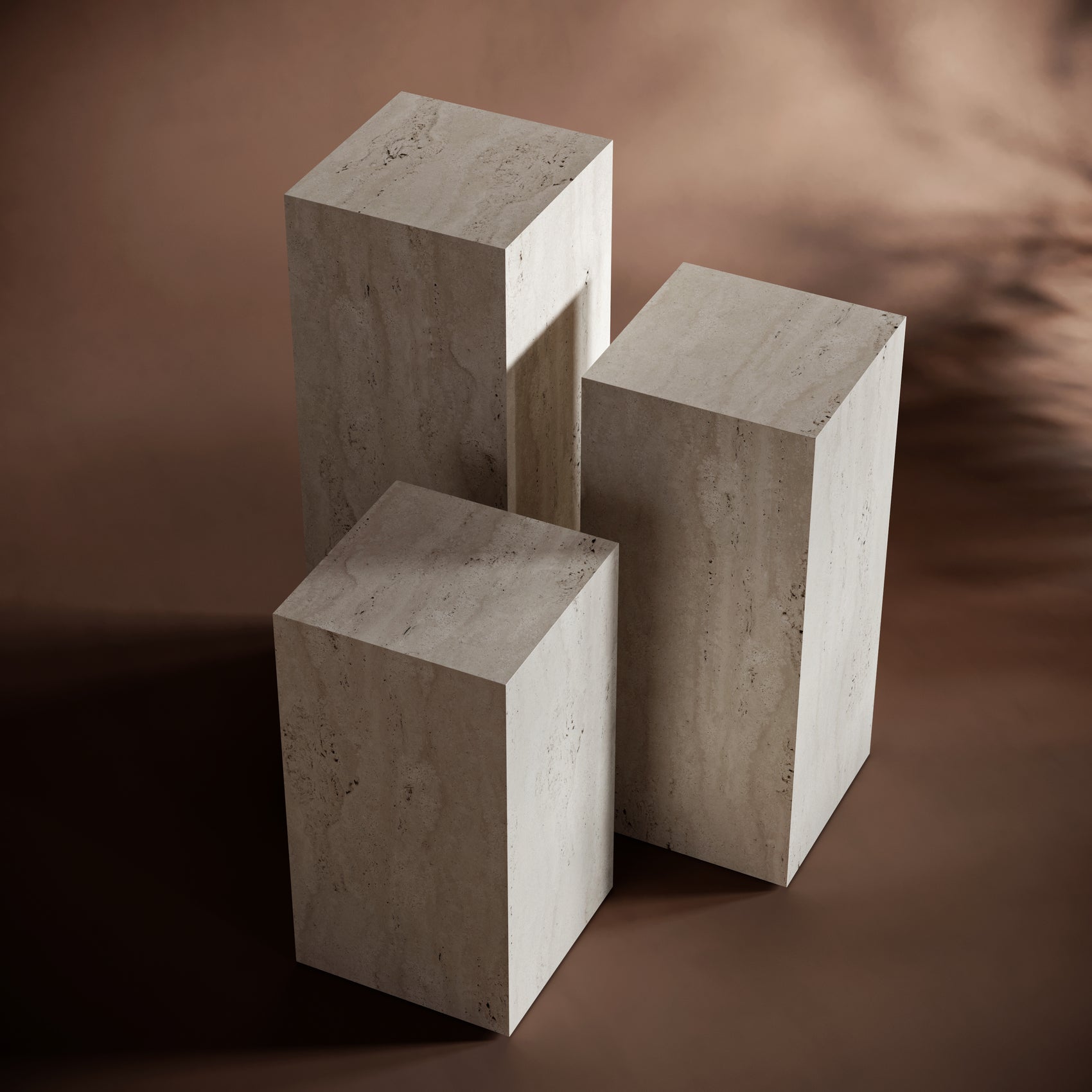 Minimalist interior featuring a travertine pedestal table by Bedu Atelier.
