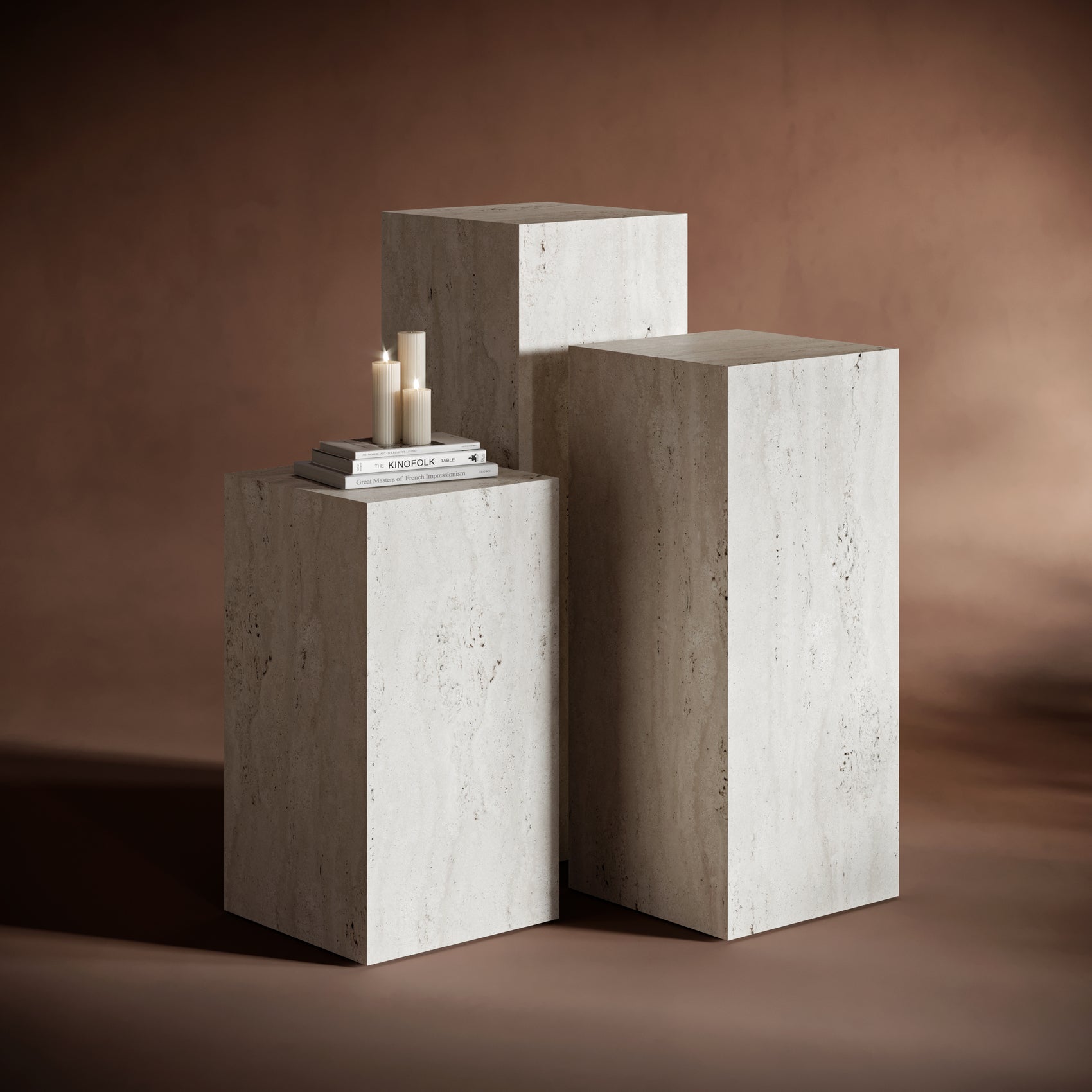 Close-up of travertine pedestal stand with natural stone veining.

