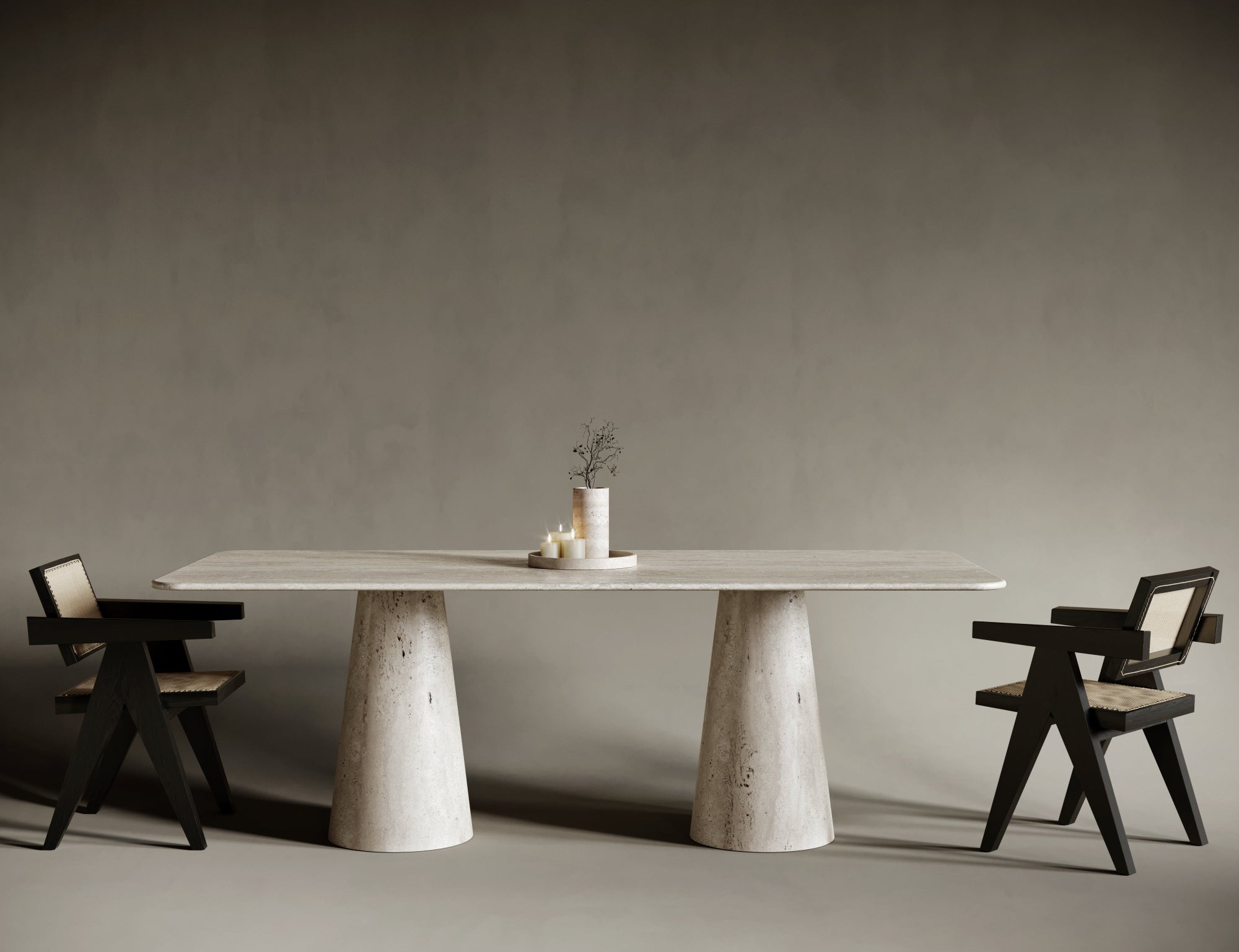 Rectangular travertine dining table with central conical leg, balancing linear and curved elements.

