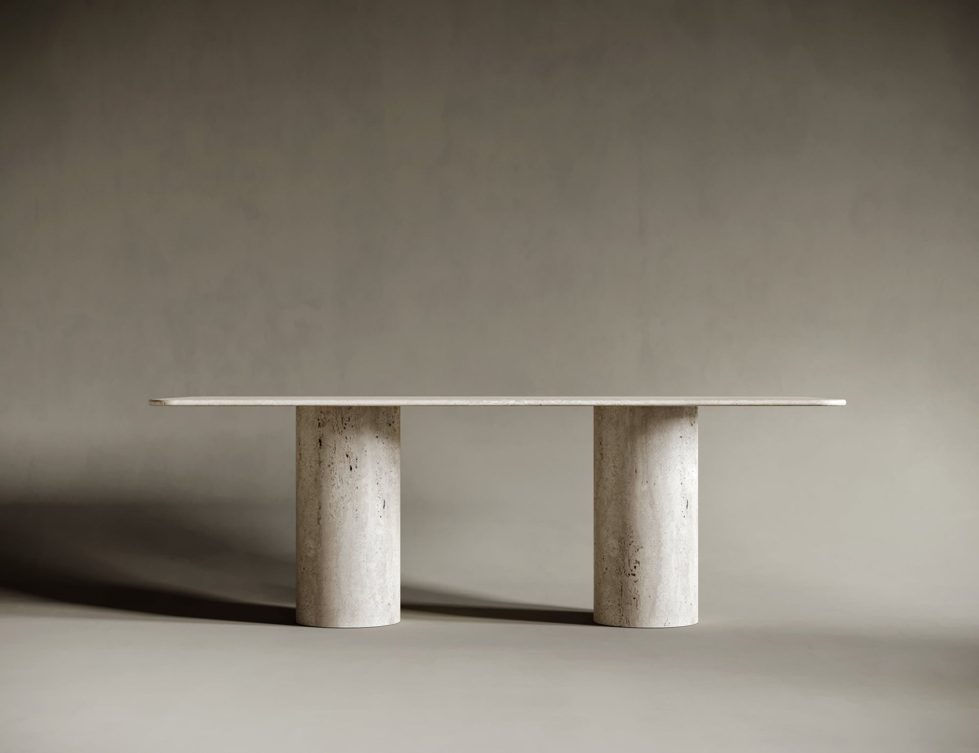 Side view capturing symmetry of cylindrical leg under bold rectangular surface.

