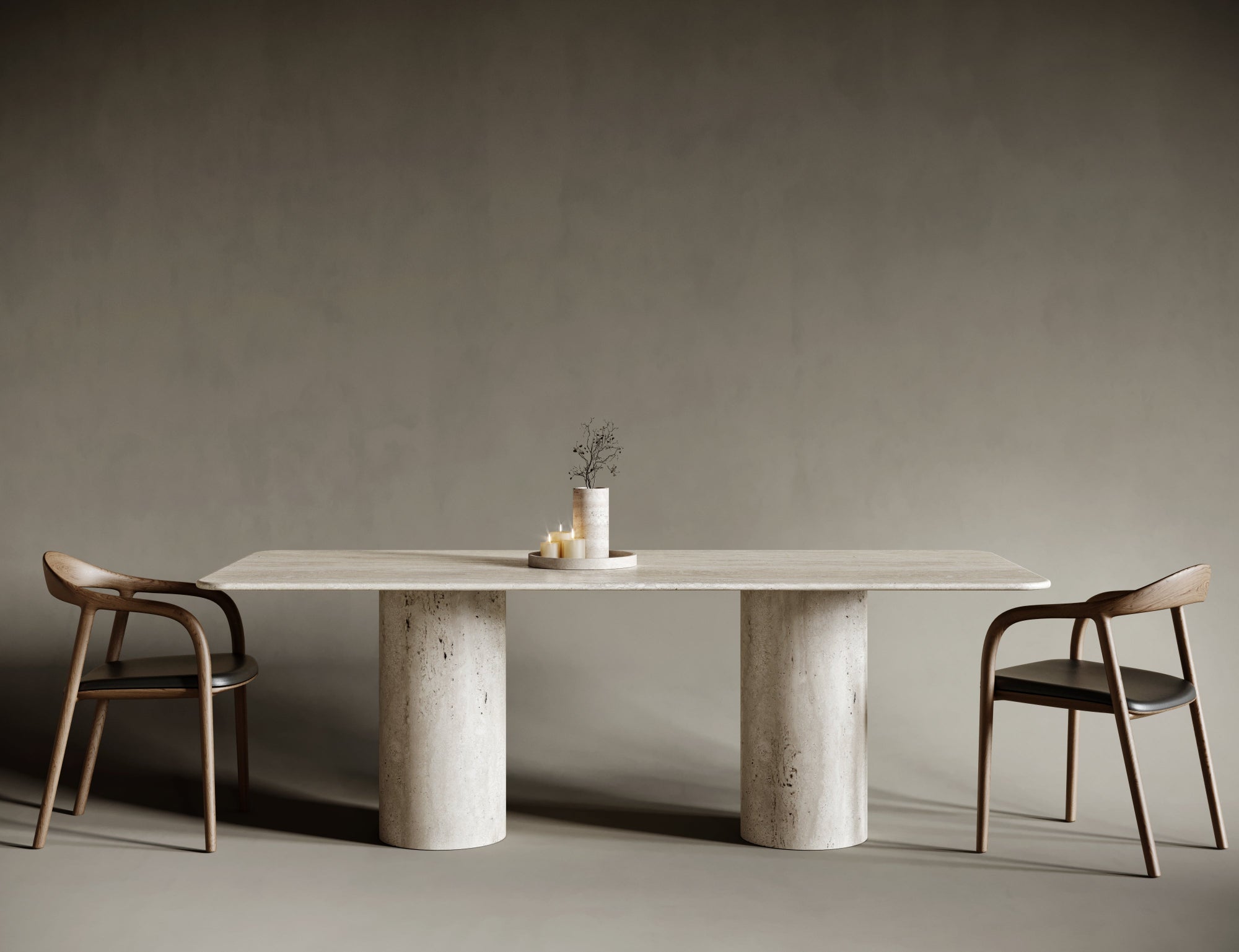 Rectangular travertine table with central cylindrical leg, clean stone form and stability.

