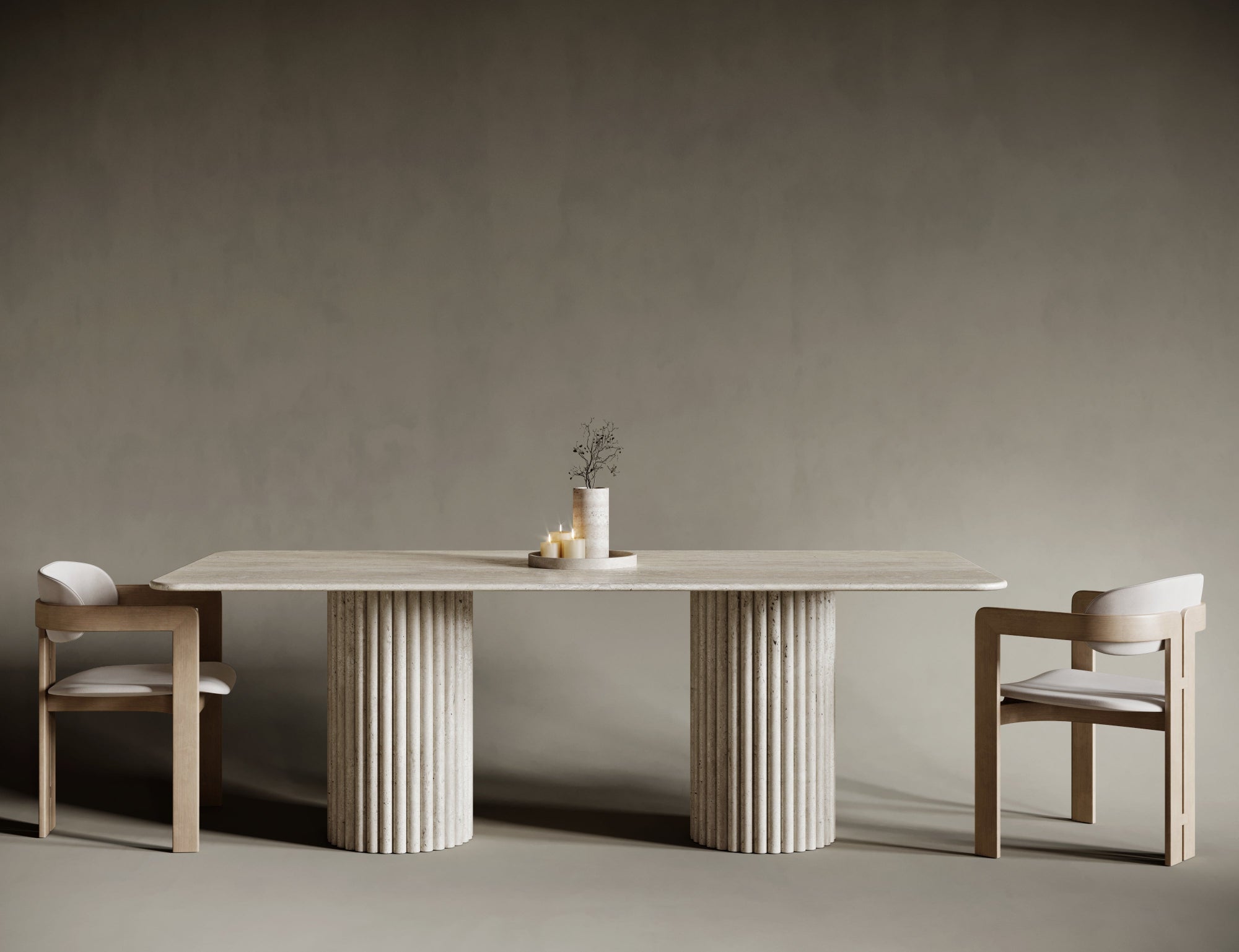 Rectangular travertine dining table with fluted legs, clean lines and natural stone finish, detailed base for an architectural statement, perfect for structured interior aesthetics.