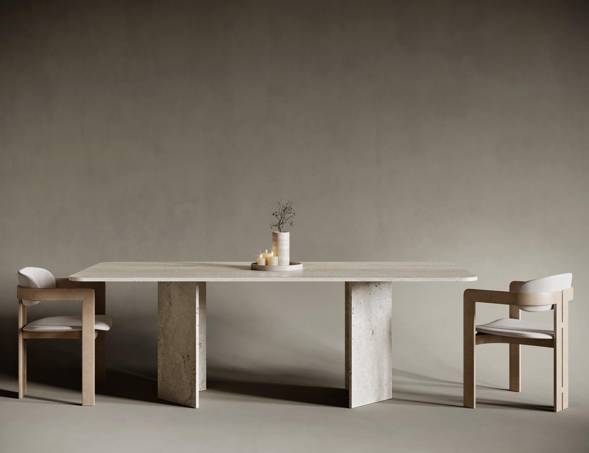 Sleek rectangular travertine dining table with V-shaped legs, natural stone geometry meets modern design, sculptural travertin base ideal for architectural interiors