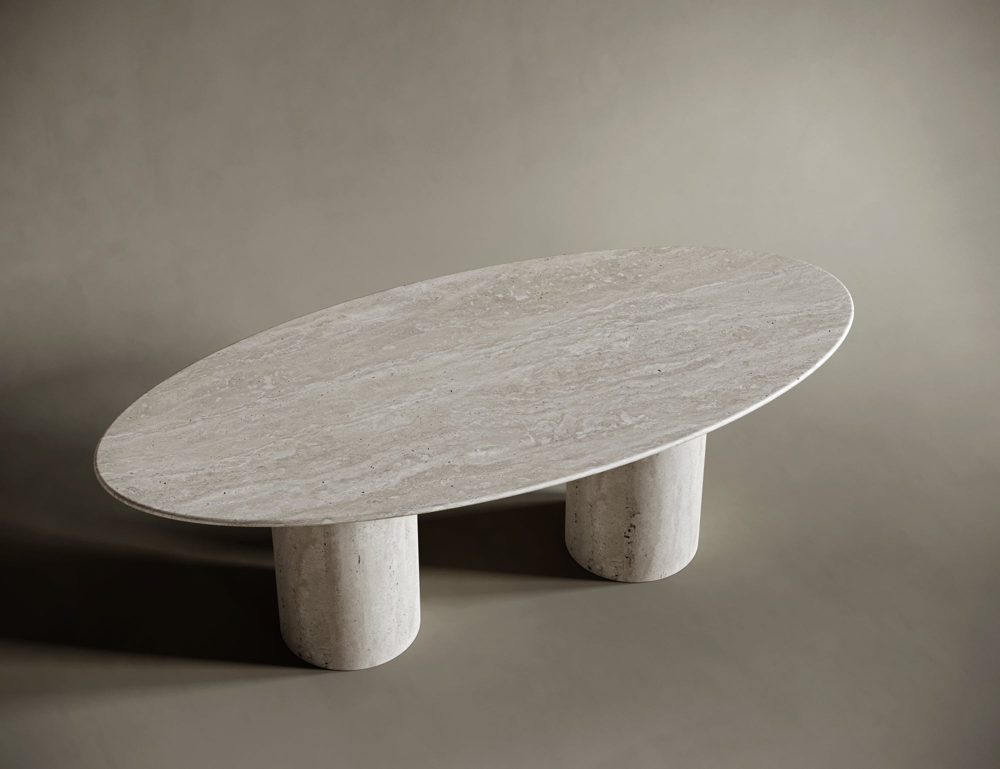 Soft, sculptural curves define both the top and leg in this natural travertine piece.

