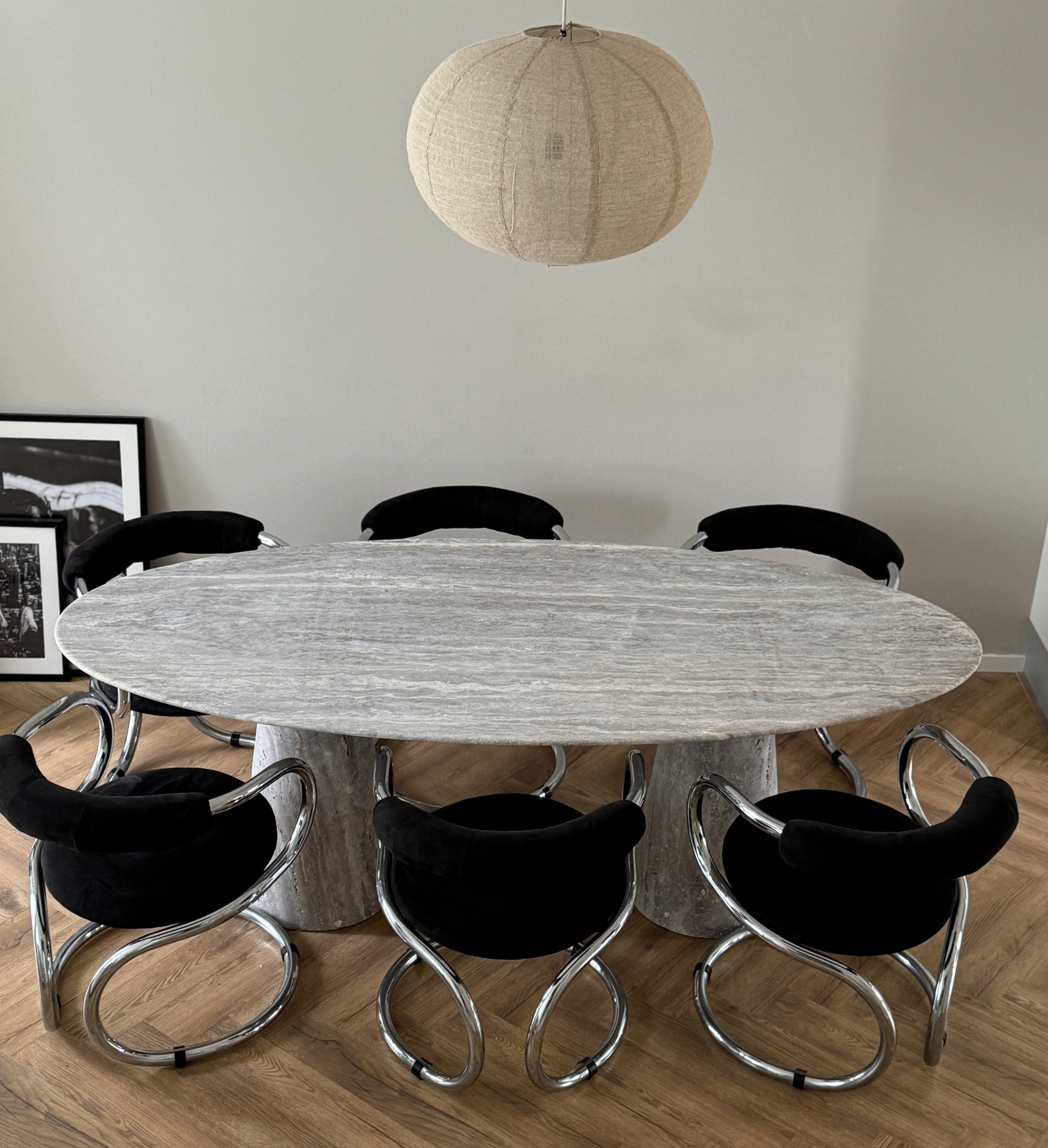 zilver travertin eettafel