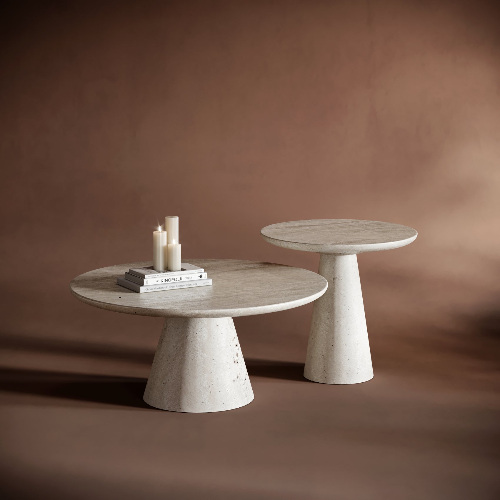 SOFIA travertine coffee table set with two round tables of varying heights, showcasing natural stone textures.
