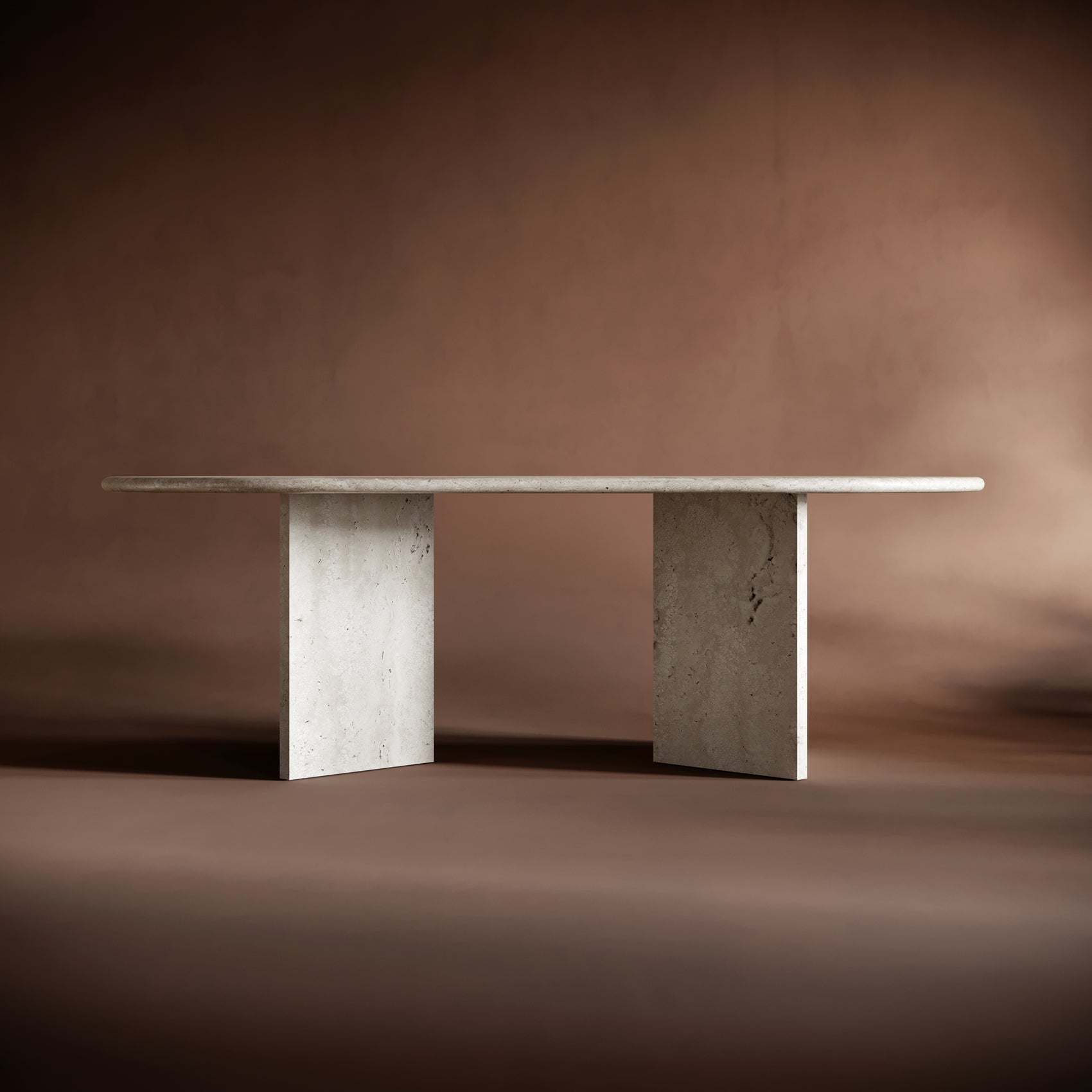 Modern travertine coffee table against a brown background